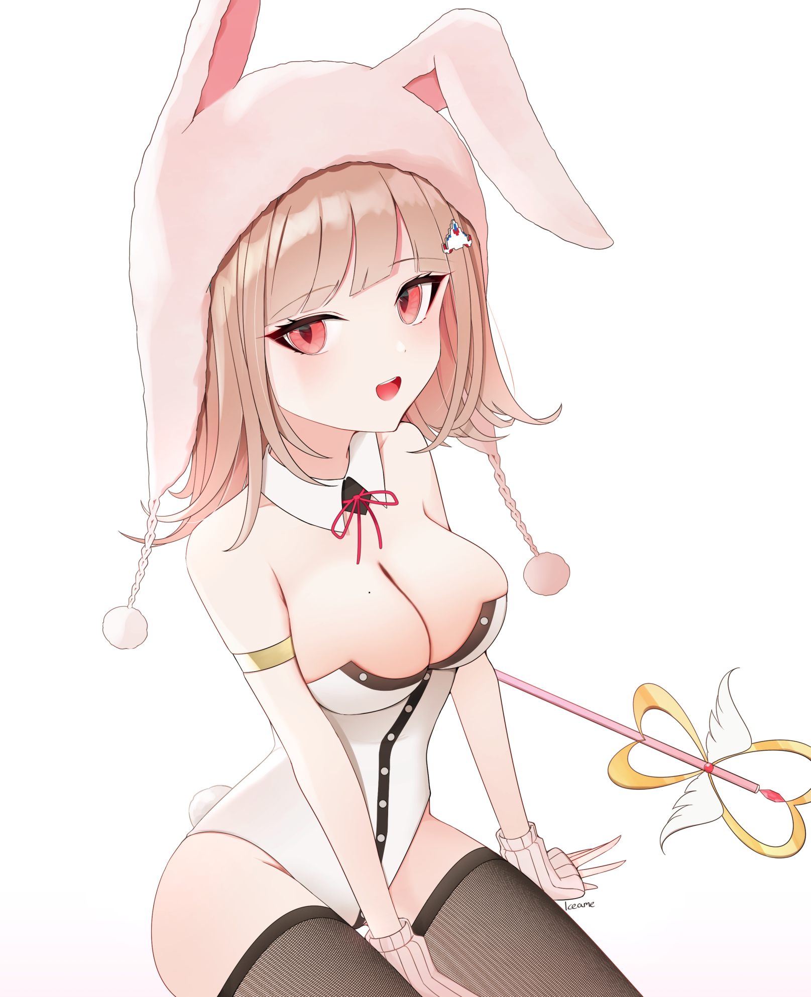 breasts, bunny ears, bunny girl, bunnysuit, cleavage, danganronpa, danganronpa 2: goodbye despair, female, female only, fishnet legwear, iceame, large breasts, mole, mole on breast, nanami chiaki, straight hair, super danganronpa 2, thighhighs, thighs
