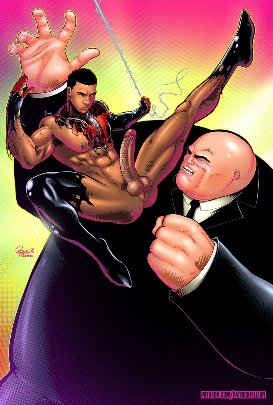 2boys abs bald dark-skinned_male dark_skin erect_penis erection fat_man gay interracial kingpin male male_focus male_only marvel marvel_comics miles_morales patrick_fillion ripped_clothing size_difference spider-man_(series) tagme veiny_penis yaoi