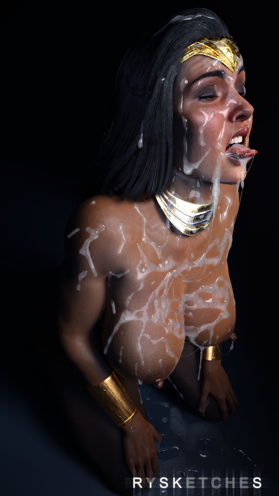 1girls, 3d, 3d (artwork), after sex, ass, athletic, big ass, big breasts, big butt, black hair, blender, blender (software), blue eyes, bracer, breasts, bubble butt, bukkake, busty, cum, cum covered, cum in mouth, cum in pussy, cum inside, cum on body, cum on breasts, cum on face, cum on hair, cum slut, curvy, dc, dc comics, diana prince, dripping cum, excited, female, female only, female protagonist, fit, fit female, forehead protector, hourglass figure, human, injustice 2, kneeling, large ass, large breasts, light skin, light-skinned female, looking pleasured, messy, necklace, netherrealm studios, nipples, nude, olive skin, pleasure face, pussy, rysketches, seductive, seductive look, sensual, sloppy, solo, stockings, superhero, superheroine, thick ass, thick thighs, tongue, tongue out, topless, wide hips, wonder woman, wonder woman (series)