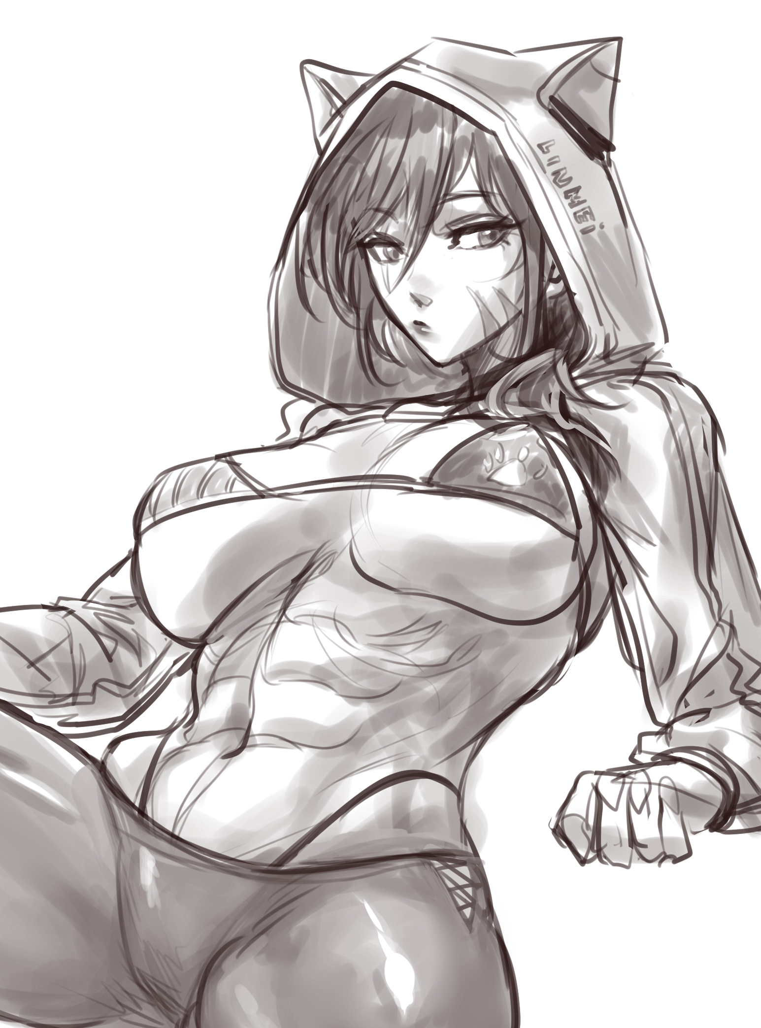 abs, animal ears, bikini, breasts, cat ears, cat girl, facial mark, female, highres, hood, hoodie, large breasts, looking to the side, muscular, muscular female, original, pants, short hair, sketch, solo, sportswear, swimsuit, virgoart1509, whisker markings, yoga pants