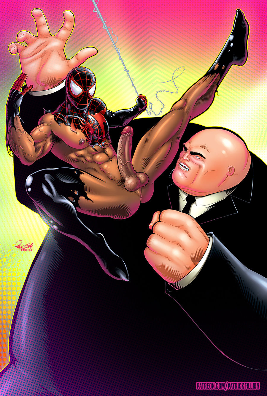 2boys abs bald dark-skinned_male dark_skin erect_penis erection fat_man gay interracial kingpin male male_focus male_only marvel marvel_comics mask masked masked_male miles_morales patrick_fillion ripped_clothing size_difference spider-man_(series) tagme veiny_penis yaoi