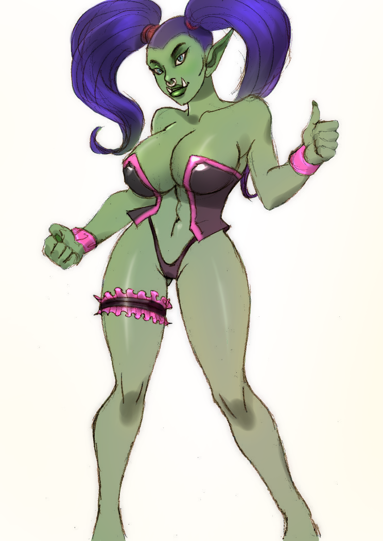 big_breasts blue_eyes blue_hair corset female garters green_lips green_skin grenelda nose_piercing orc orc_female pointy_ears solo solo_female thong twintails