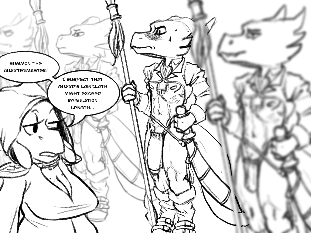 anthro big_penis bottomwear breasts cleavage clothing female genitals group kobold loincloth male original original_character original_characters penis scalie speech_bubble text totalgary unnamed_character