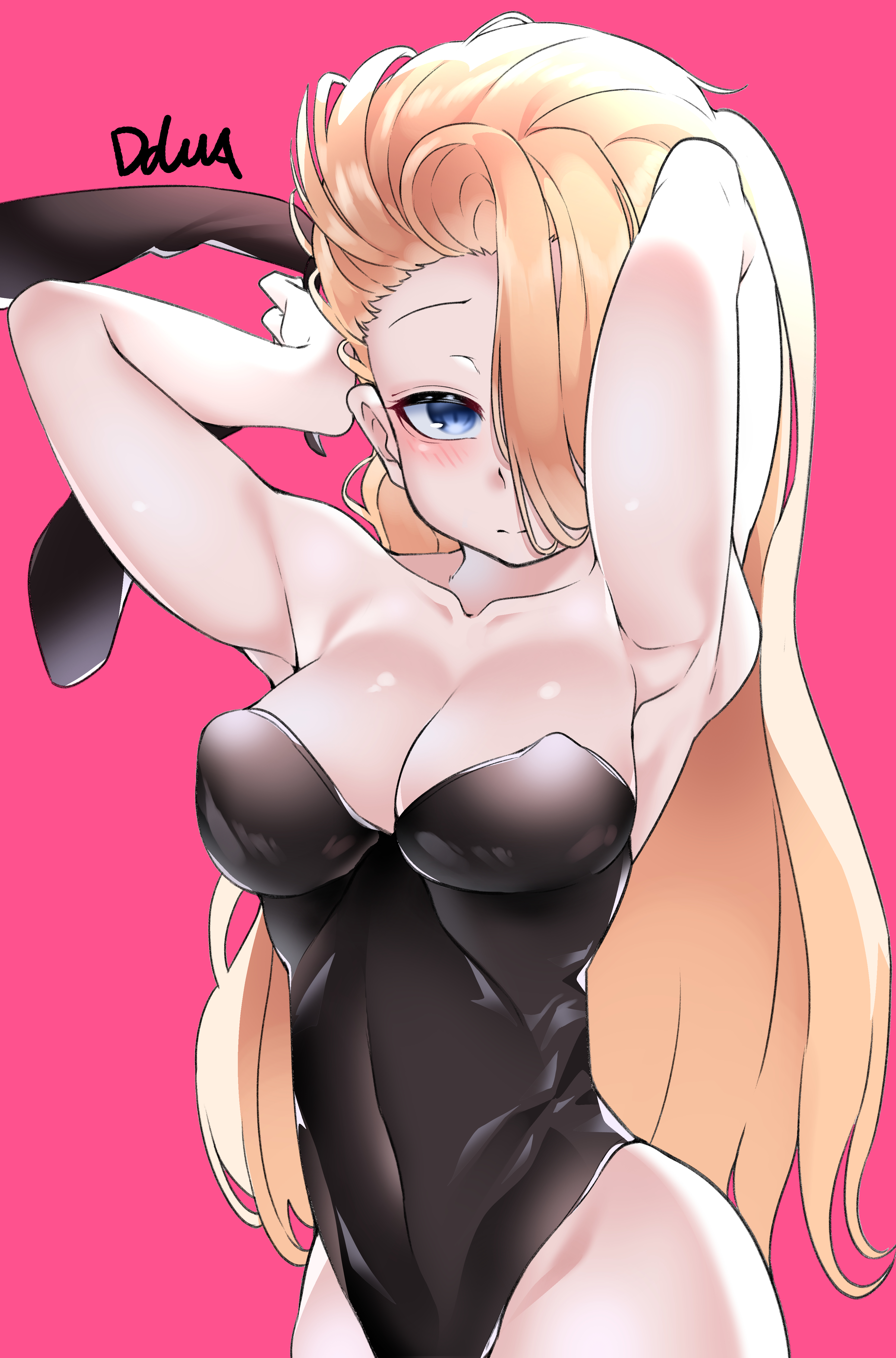 1girls, aged up, artist signature, big breasts, blonde female, blonde hair, blue eyes, blush, breasts, bunnysuit, dduwa, female, hair over one eye, high resolution, league of legends, long hair, pink background, simple background, solo female, tagme, video games, zoe (league of legends)