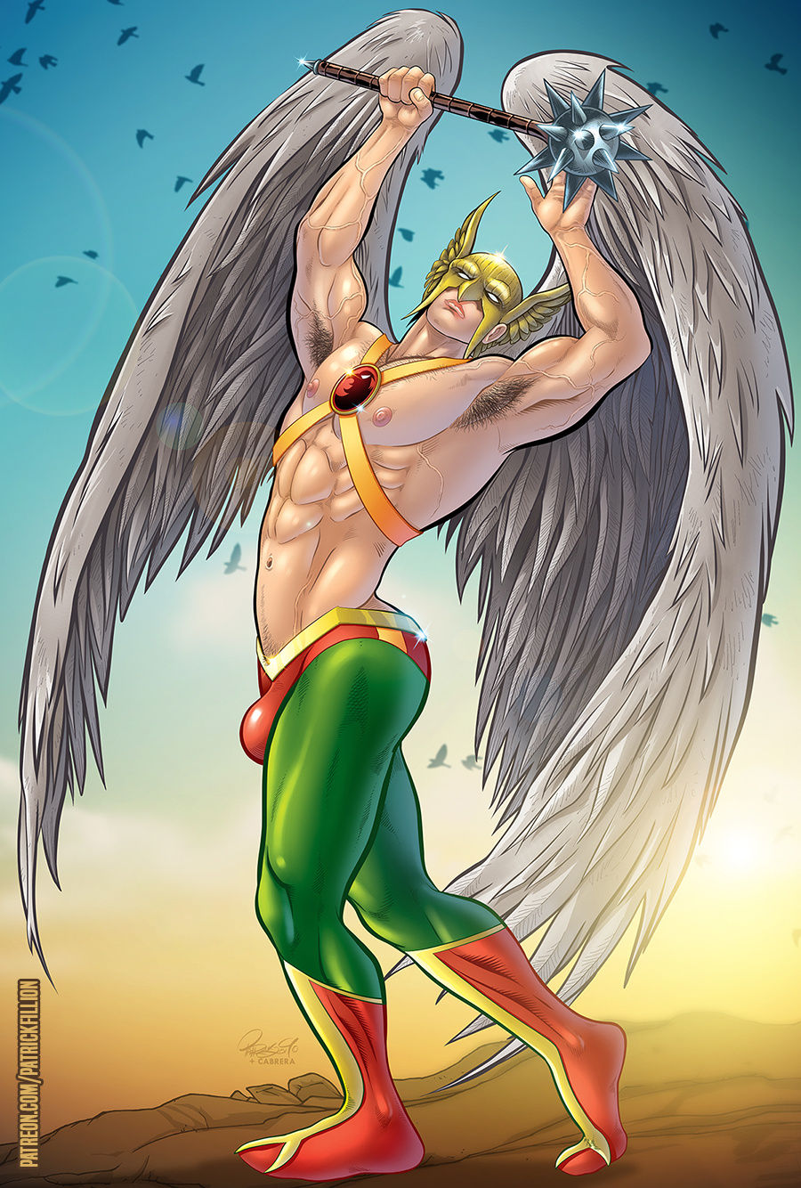 1male abs armpit_hair armpits arms_up carter_hall dc dc_comics hawkman helmet mace male male_focus male_only muscular muscular_male patrick_fillion solo solo_male wings