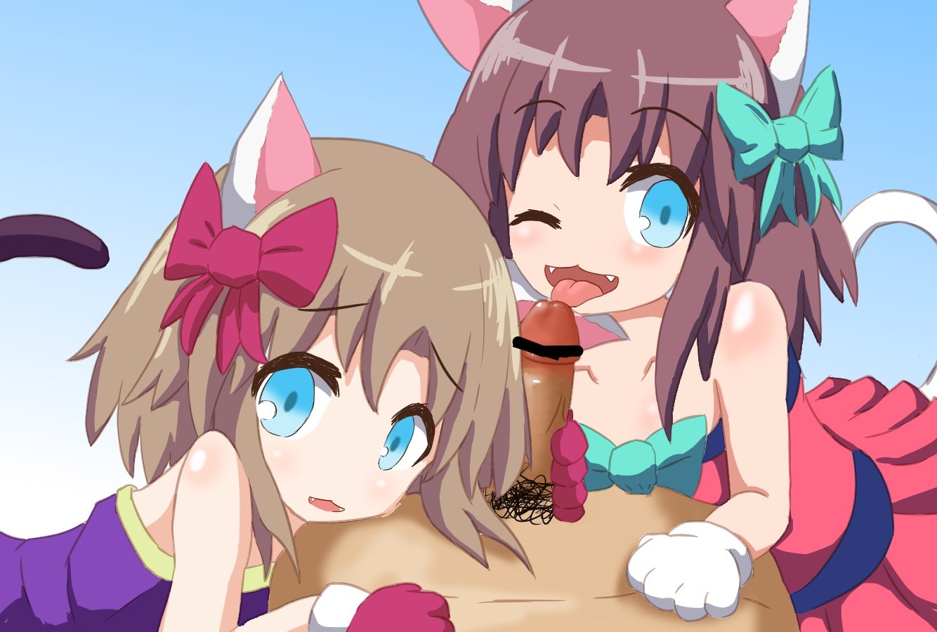 2girls blue_eyes brown_hair cat_ears cat_tail catgirl clothed clothed_sex collaborative_fellatio cute_fang fellatio gloves hair_ornament hair_ribbon looking_at_viewer moneko_(the_battle_cats) multiple_girls the_battle_cats wink