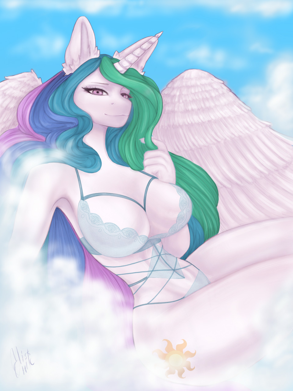 2022 alicorn anthro anthrofied bra breasts clothing cloud cutie_mark day digital_media_(artwork) equid equine eyelashes feathered_wings feathers female friendship_is_magic hair hi_res horn long_hair looking_at_viewer mammal missonika multicolored_hair my_little_pony panties pink_eyes princess_celestia_(mlp) signature smile solo thick_thighs underwear white_body white_feathers wide_hips wings