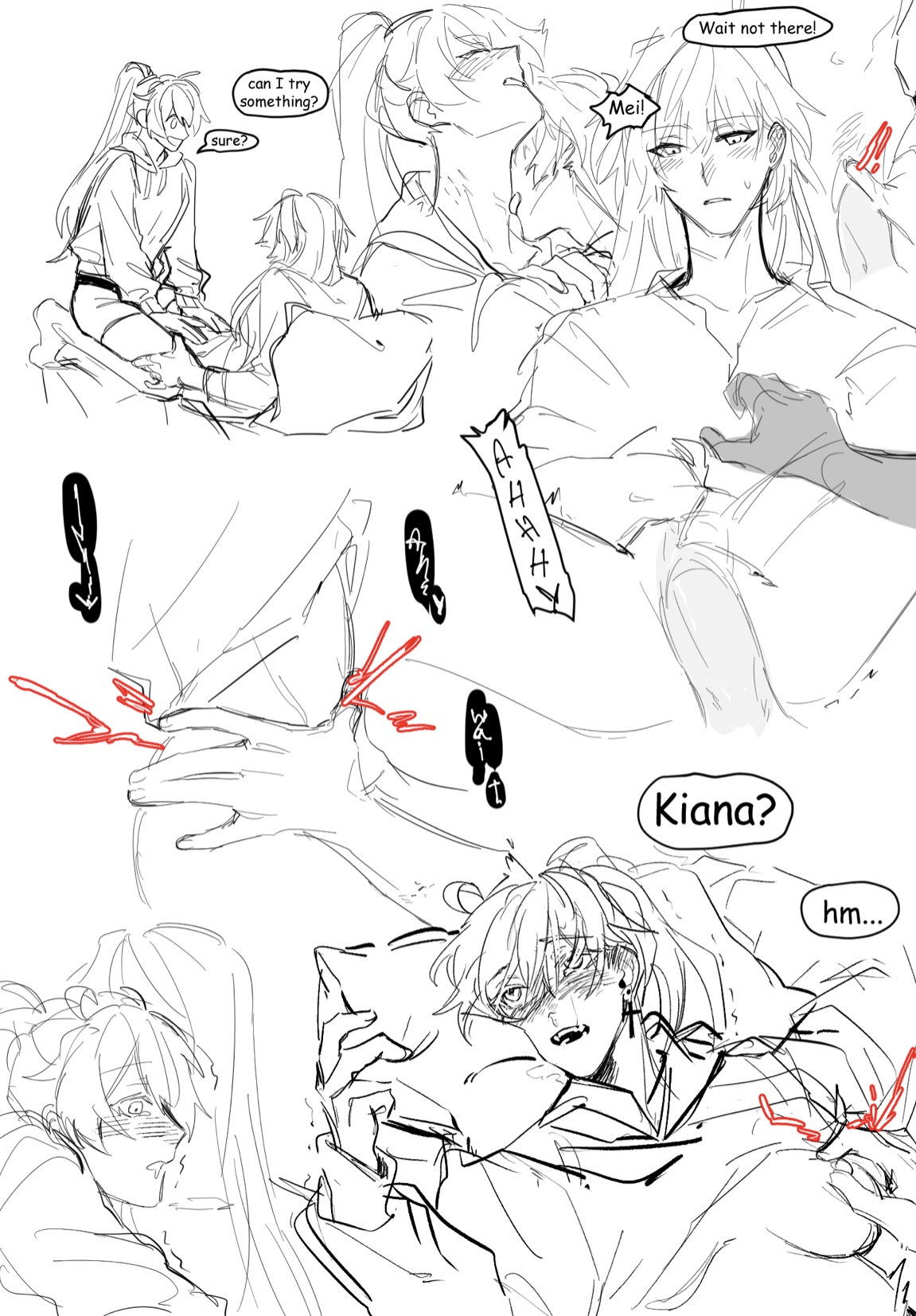 1futa, 1girls, bottomless, breasts, clitoral stimulation, clitoris, clothed, clothing, dialogue, duo, electricity, english text, female, futa on female, futanari, hair down, hand on hip, honkai (series), honkai impact 3rd, human, intersex, kiana kaslana, licking neck, monochrome, nipple tweak, one breast out, partially clothed, penis, penis in pussy, pink nipples, pussy, raiden mei, riding, riding penis, salt6x5, sensitive, sex, shirt lift, shock, sketch, text, vaginal insertion, vaginal penetration, vaginal sex