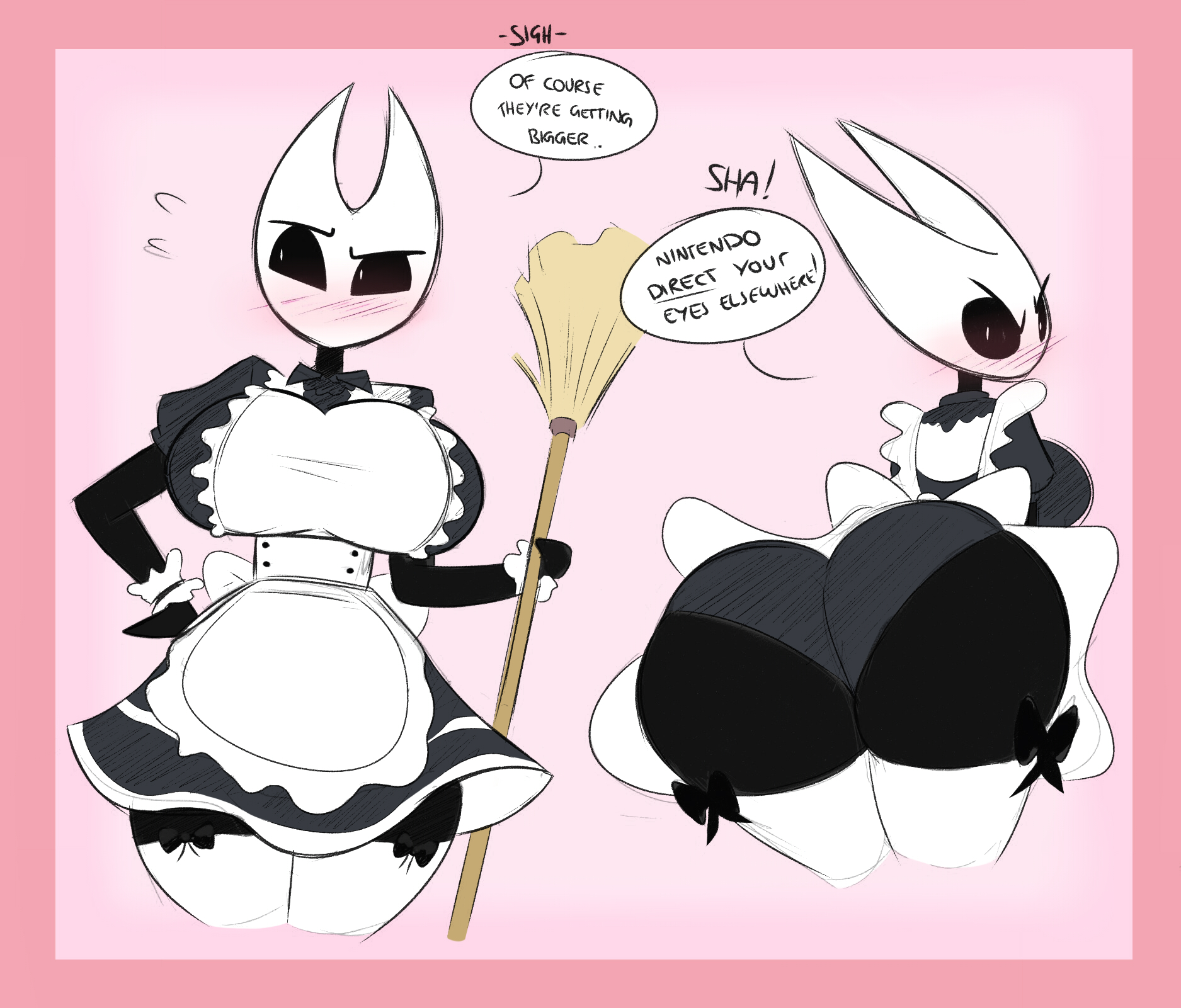 1girls, 2022, angry, angry eyes, anthro, anthro only, anthrofied, ass, big ass, big breasts, black eyes, black sclera, blush, breasts, clothed, clothes, clothing, color, colored, cute, dialogue, english text, eyebrows, female, female only, fully clothed, hips, hollow knight, hornet (hollow knight), hourglass figure, huge ass, huge breasts, humanoid, insect girl, insect humanoid, insects, kilinah, large ass, large breasts, looking at viewer, looking back, maid, maid outfit, maid uniform, multiple images, panties, solo, solo female, speech bubble, talking, text, thick, thick ass, thick thighs, thighhighs, thighs, white pupils, wide hips