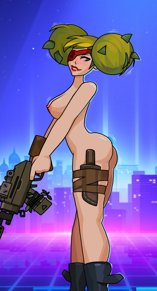 big_ass big_breasts brown_eyes bullet_echo green_hair gun levi_(bullet_echo) standing thick_thighs