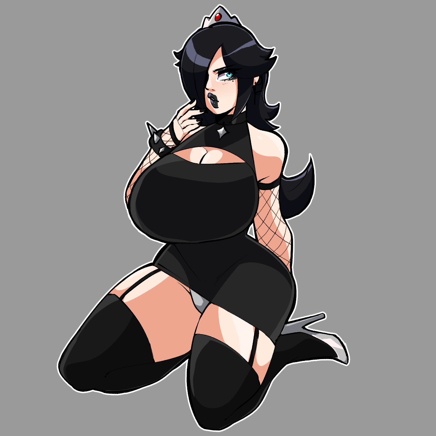 1girls, bare thighs, big breasts, black hair, black lipstick, black nails, blue eyes, bluueygooey, bracelet, breasts, cleavage, cleavage cutout, clothed, clothing, crown, curvy, dress, ear piercing, earrings, female, female only, fingernails, fishnet, fishnet armwear, fishnets, garter straps, goth, goth girl, goth rosalina, grey background, grey panties, high heels, huge breasts, kneeling, large breasts, long hair, looking at viewer, mario (series), nail polish, nintendo, open mouth, panties, pantyshot, princess rosalina, simple background, solo, spiked bracelet, super mario galaxy, thick thighs, thighhighs, thighs, underwear, upskirt, voluptuous, wide hips