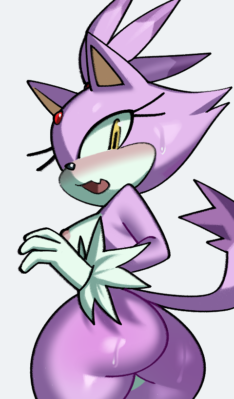 2022 anthro areola ass big_butt blaze_the_cat blush bodily_fluids breasts clothing domestic_cat felid feline felis female fiinel fur gloves handwear looking_at_viewer looking_back looking_back_at_viewer mammal nipples open_mouth purple_body purple_fur sega simple_background solo sonic_(series) sonic_the_hedgehog_(series) sweat sweaty_butt white_background yellow_eyes