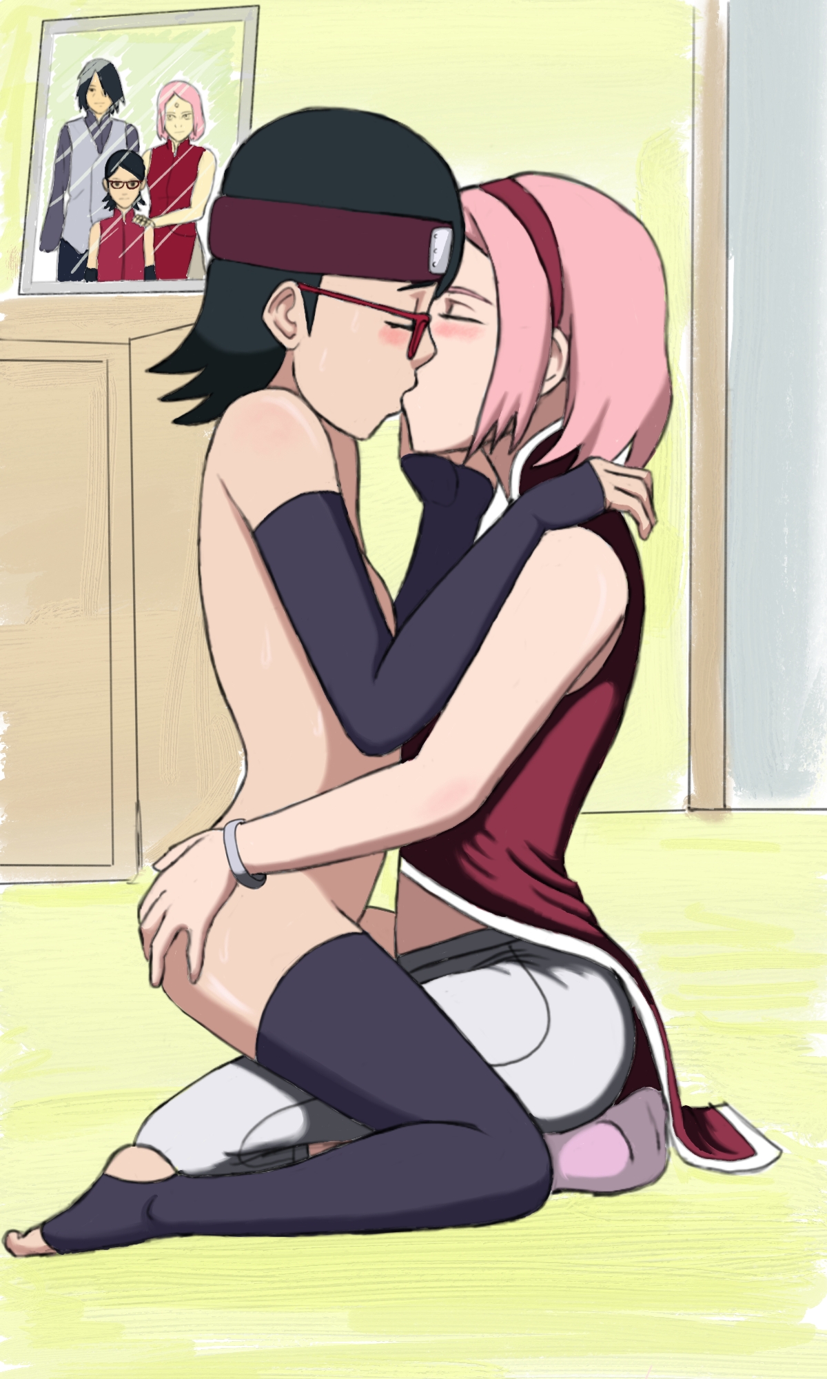 2girls, black armwear, black legwear, boruto: naruto next generations, female, female only, forehead jewel, forehead mark, forehead protector, glasses, incest, konohagakure symbol, mother and daughter, multiple females, multiple girls, naruto, naruto (series), sakura haruno, sarada uchiha, shounen jump, stirrup legwear, toeless legwear, yuri