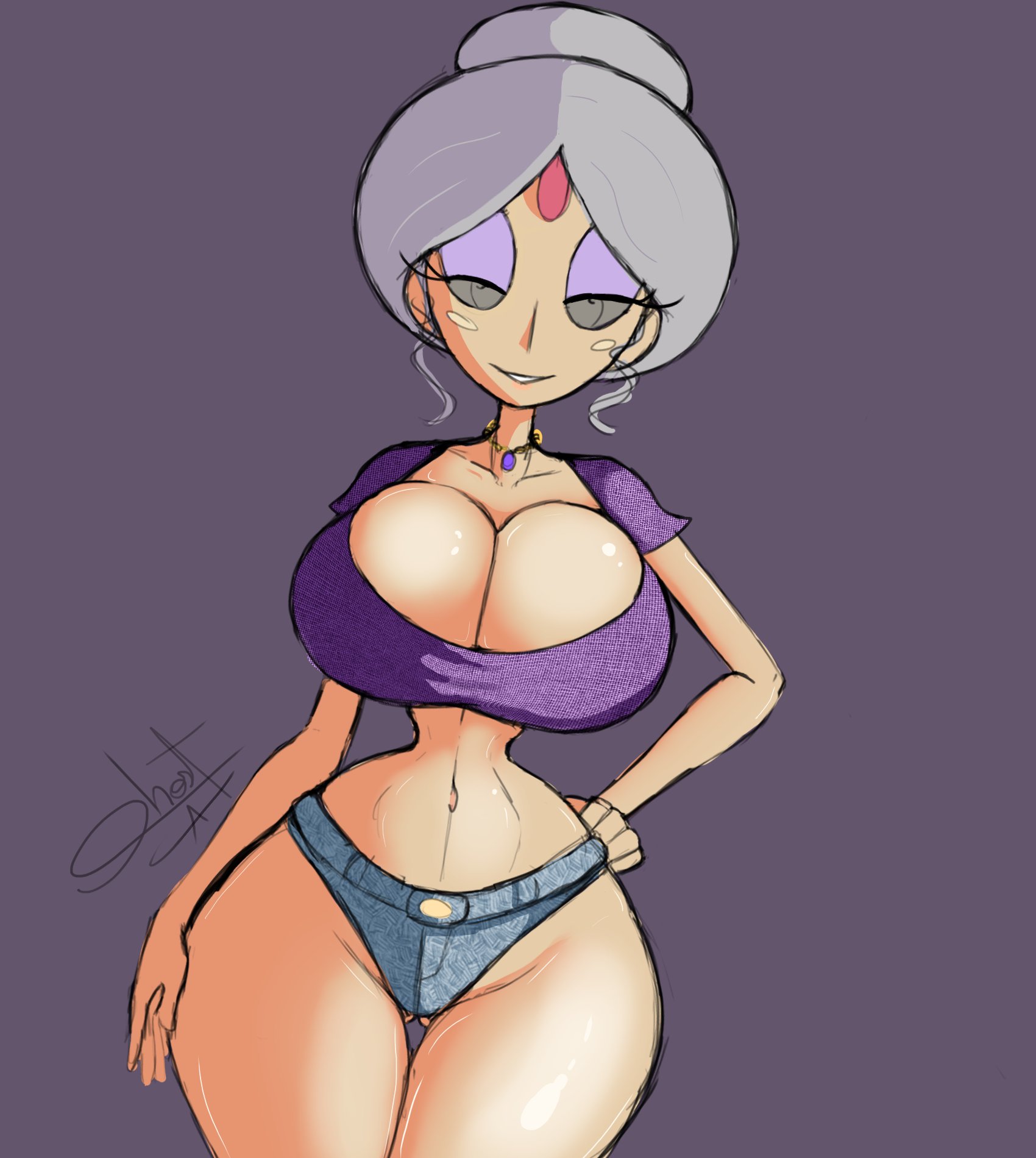 1girls, big breasts, big hero 6, black eyes, booty shorts, bottomwear, breasts, cass hamada, cass hamada (cosplay), cleavage, cosplay, eyeshadow, female, female only, forehead jewel, grey hair, hair, hair bun, hand on hip, hips, huge breasts, large breasts, letonia (totonaito), marvel, marvel comics, necklace, purple shirt, shirt, short shorts, shorts, skimpy, skimpy clothes, solo, solo female, thick thighs, thighs, thin waist, topwear, totonaito, wide hips