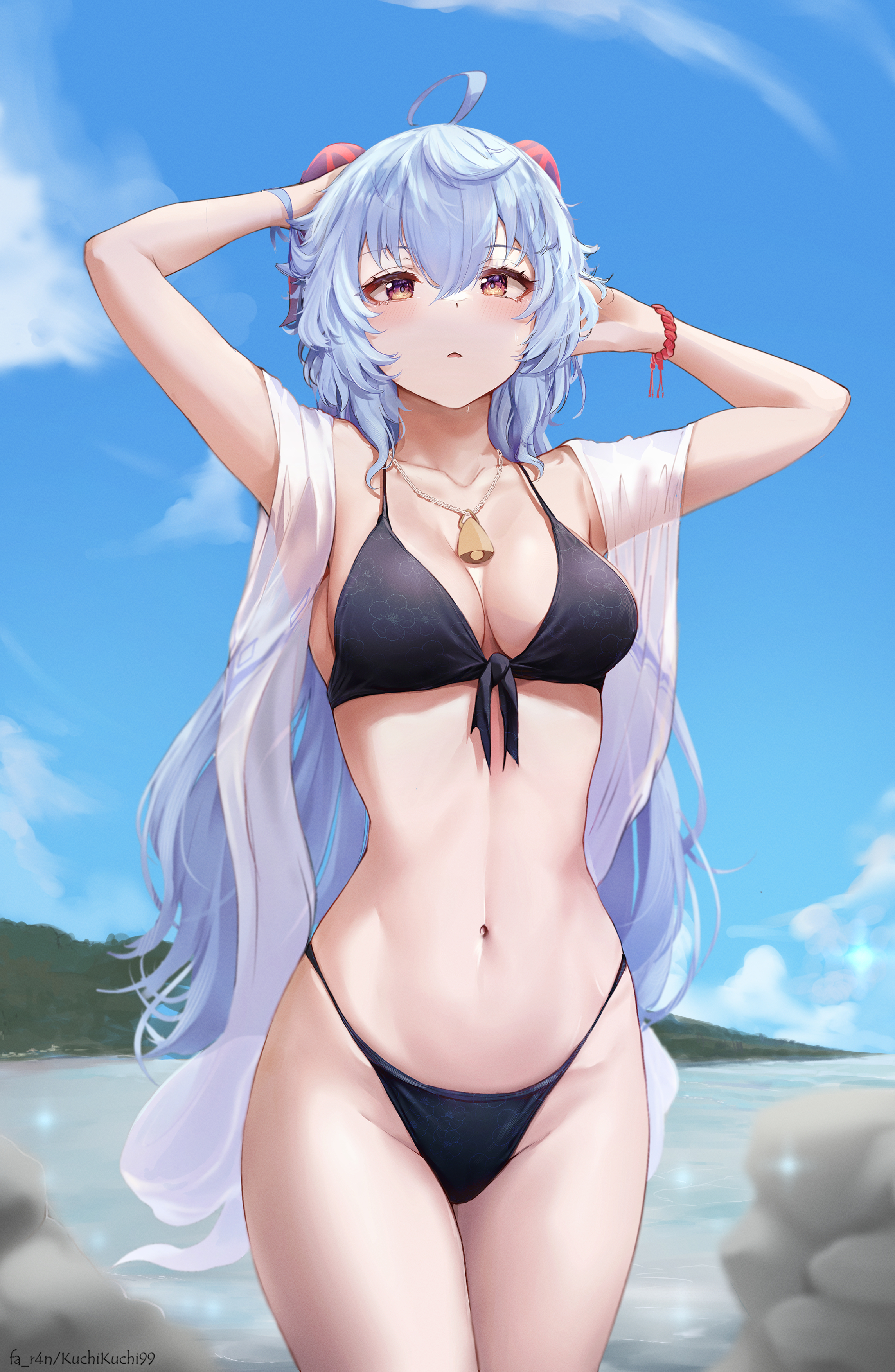 ahoge, arms up, beach, belly button, bikini, blue hair, blush, breasts, cleavage, cowbell, faruhan, female, female only, ganyu (genshin impact), genshin impact, goat horns, groin, hi res, horn, looking at viewer, medium breasts, navel, necklace, outdoors, sky, thighs, thin waist, wide hips