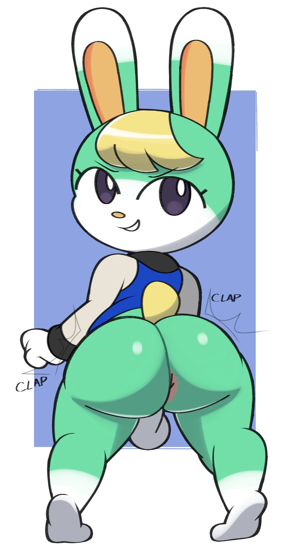 1boy, 2022, animal crossing, anthro, anus, anus peek, ass, ass clapping, balls, big ass, bottomless, bubble ass, bubble butt, clapping cheeks, femboy, huge ass, jacket, lagomorph, looking at viewer, looking back, male, male only, nintendo, rabbit, sasha (animal crossing), simple background, solo, thick thighs, twerking, vilepluff, wide hips