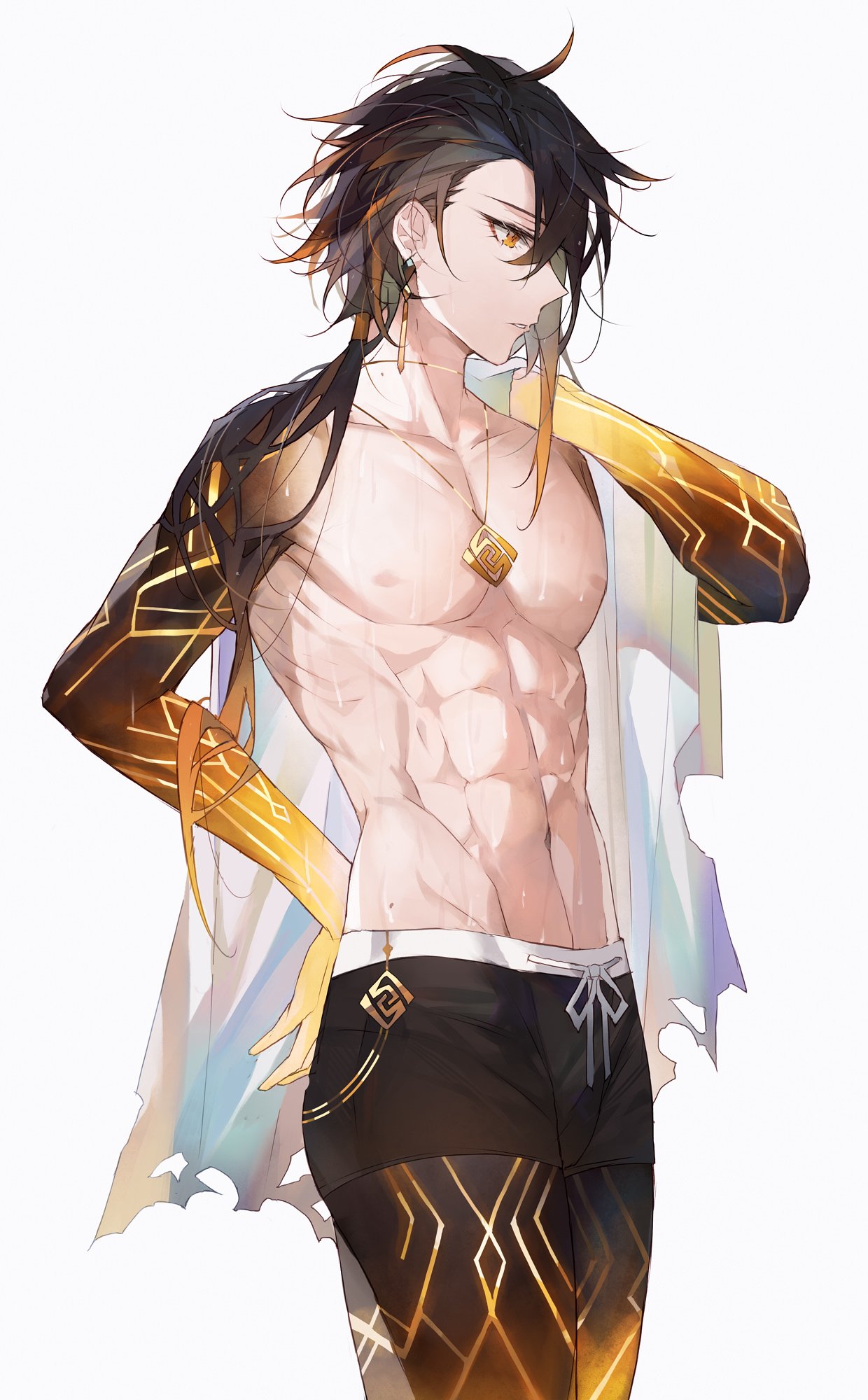 1boy abs dark_hair earrings facing_away genshin_impact glowing_arms golden_eyes male male_only necklace qiandai qiandaiyiyu solo swim_trunks swimsuit swimwear towel towel_around_neck wet_hair zhongli_(genshin_impact)