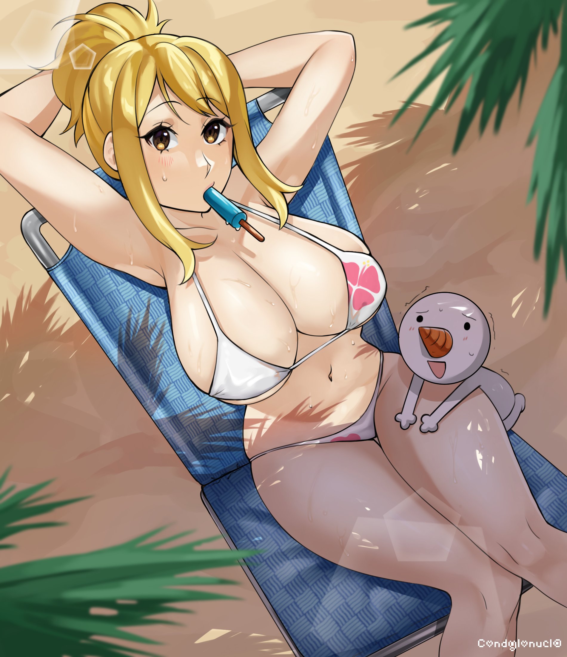 1girls, arms behind head, beach chair, big breasts, bikini, blonde hair, blonde-haired female, blush, breasts, condylonucla, fairy tail, female, female only, hi res, ice cream, looking at viewer, lucy heartfilia, popsicle, popsicle in mouth, sitting, solo, solo female, thick thighs, tied hair, viewed from above, yellow eyes