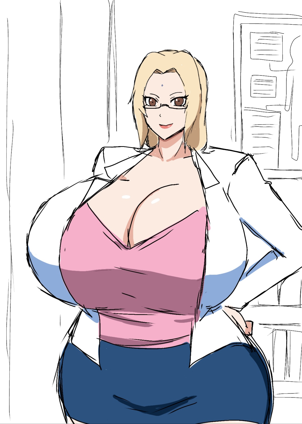 big breasts, blonde hair, breasts, cleavage, doctor, female, forehead jewel, forehead mark, glasses, huge breasts, large breasts, looking at viewer, mature female, milf, momiji (artist), naruto, naruto (series), smile, smiling, smiling at viewer, tsunade, venus body, voluptuous, wide hips