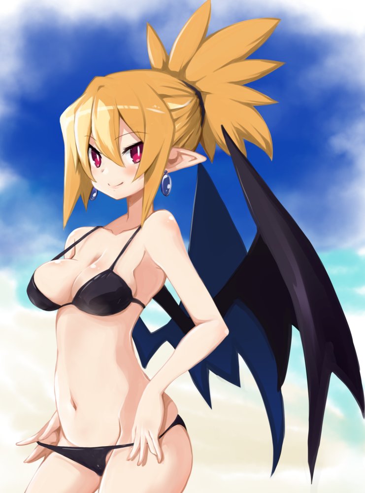 bikini bikini_bottom bikini_pull bikini_top breasts demon demon_girl demon_wings disgaea disgaea_2 iwasi_r large_breasts nippon_ichi_software rozalin