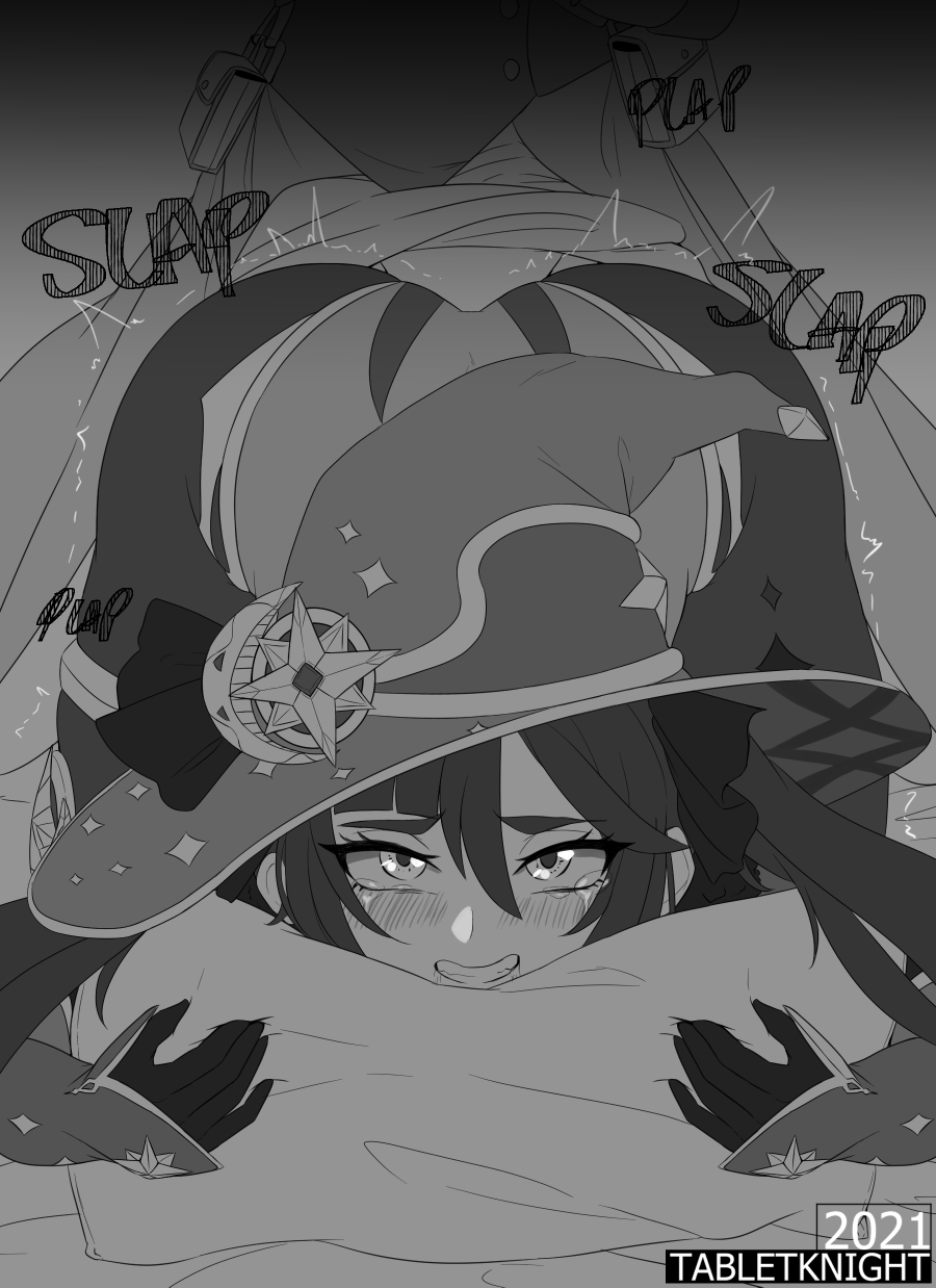 1futa, 1girls, ass, ass up, black and white, blush, blushing, commission, crossover, eastern and western character, face down ass up, female, front view, futa on female, futanari, genshin impact, grin, hugging pillow, implied penetration, implied sex, intersex, looking pleasured, mona (genshin impact), monochrome, pillow, pillow grab, rwby, sex, sex from behind, smile, smiling at viewer, tabletknight, tears of pleasure, weiss schnee, witch hat