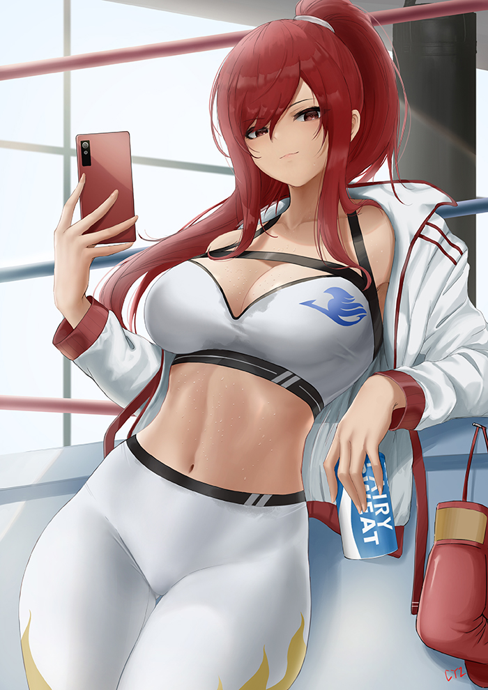 1girls 2022 abs boxing_gloves boxing_ring breasts cyi cyicheng erza_scarlet fairy_tail female female_only fit fit_female gym hair_over_one_eye hips holding_object indoors jacket large_breasts long_hair lowres open_jacket phone ponytail red_eyes red_hair selfie slim_waist smile sports_bra sportswear thick_thighs thighs wide_hips yoga_pants