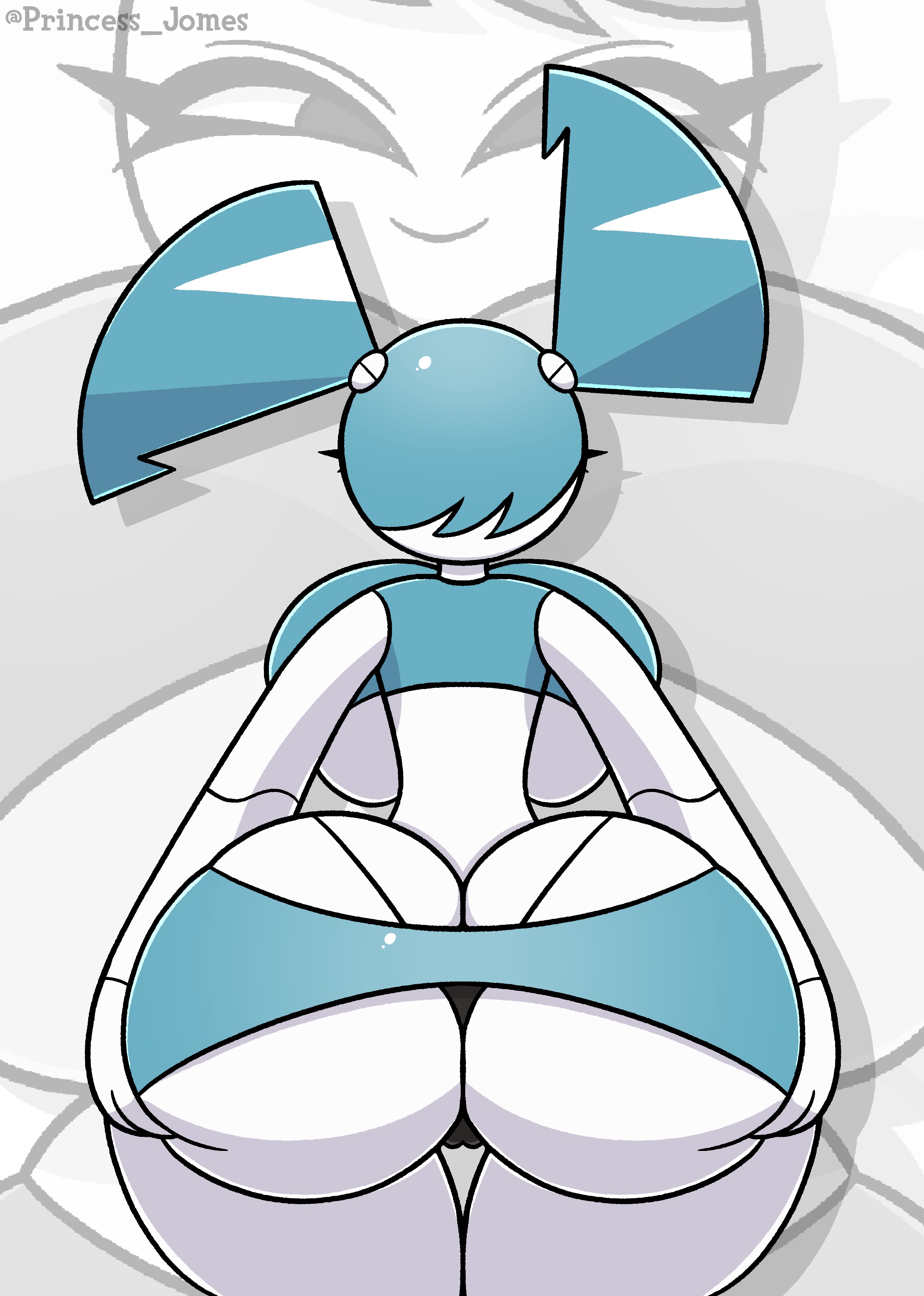 1girls, 2d, ass, ass cleavage, ass crack, big ass, big breasts, big butt, blue hair, breasts, butt crack, cameltoe, cleavage, clothed, clothing, female, female only, humanoid, jenny wakeman, large ass, large breasts, looking at viewer, miniskirt, my life as a teenage robot, panties, presenting, princess jomes, pussy, revealing clothes, robot, robot girl, robot humanoid, simple background, skirt, smile, solo, solo female, thick thighs, underboob, voluptuous, white background, wide hips, xj-9