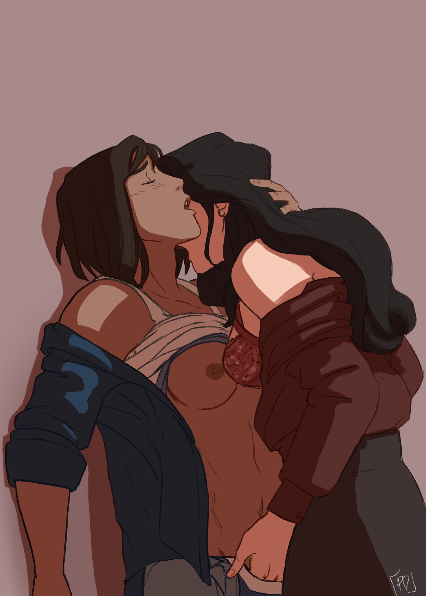 2girls against_wall artist_signature asami_sato avatar_legends black_hair bra breasts breasts_out brown_hair brown_skin canon_couple chocolate_and_vanilla closed_eyes dark-skinned_female female female/female female_only fingering hand_in_panties hand_on_head hi_res human interracial korra lesbian light-skinned_female looking_pleasured medium_breasts multiple_girls nipples open_mouth open_shirt passionate persnickety shirt_down shirt_lift simple_background skirt straight_hair the_avatar the_legend_of_korra toned_female vulva_handjob water_tribe yuri