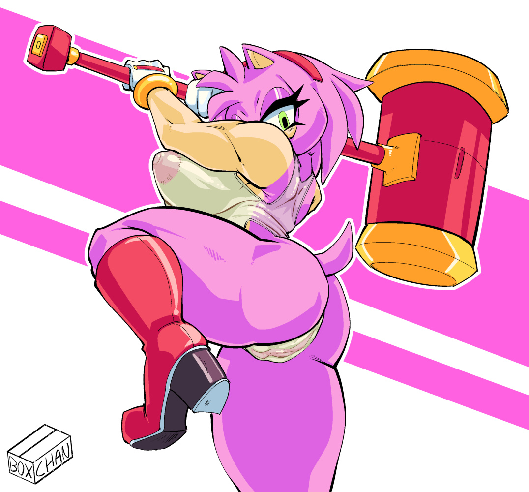 1girls, amy rose, anthro, ass, big ass, big breasts, bottomless, box chan, breasts, exposed torso, female, female only, footwear, hammer, handwear, hedgehog, heel boots, huge breasts, humanoid, leg up, looking at viewer, looking down, outie pussy, pink hair, pink skin, pussy, see-through, see-through clothing, see-through top, sega, shirt, solo, sonic (series), sonic the hedgehog (series), thick thighs, torpedo breasts, weapon, wet, wet clothes, wet shirt, wide hips