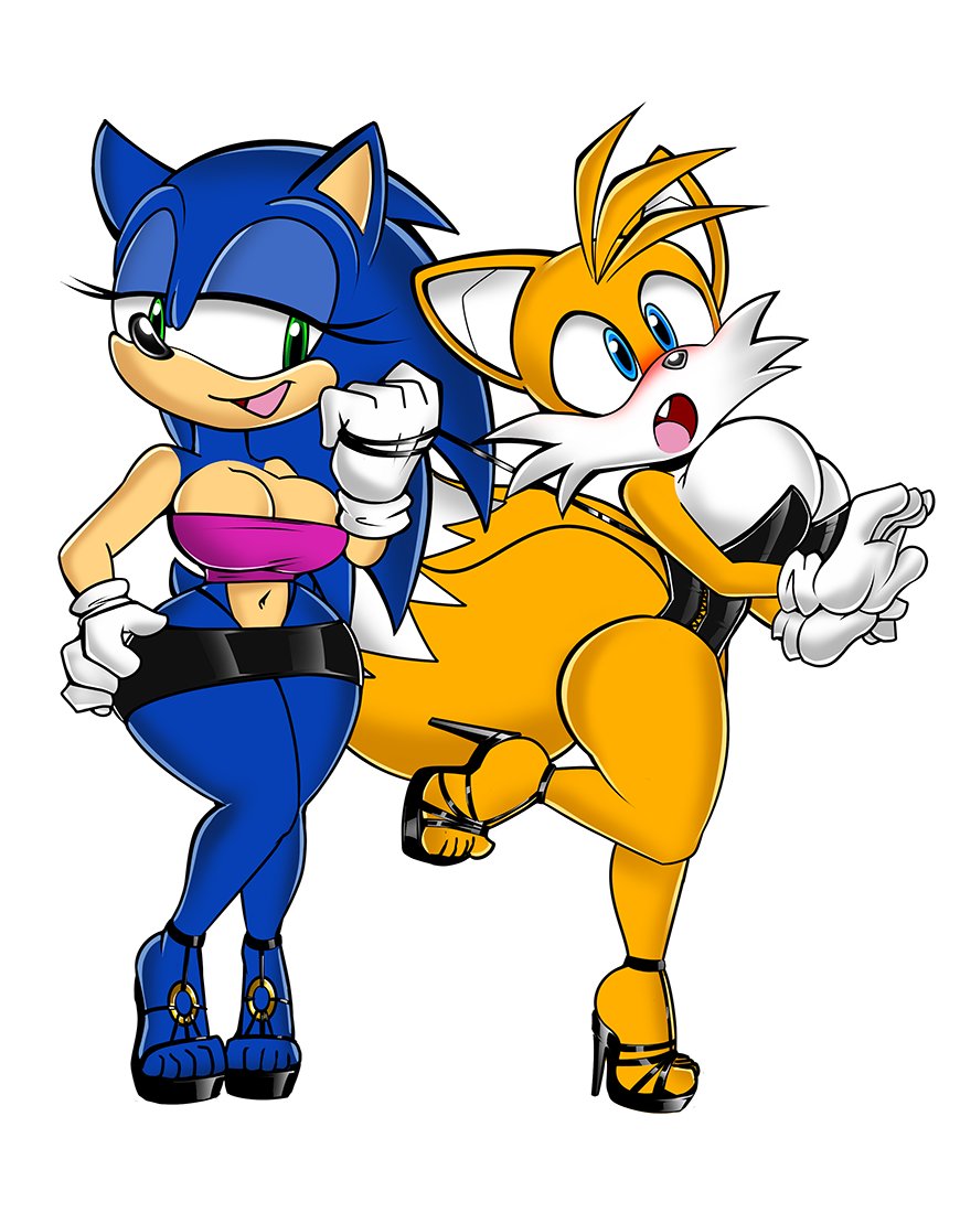 2girls, anthro, big breasts, blush, blushing, breasts, dracojeff, female, high heels, multiple females, multiple girls, rule 63, sega, sonic (series), sonic the hedgehog, sonic the hedgehog (series), tagme, tails, tails the fox, thick thighs, wide hips