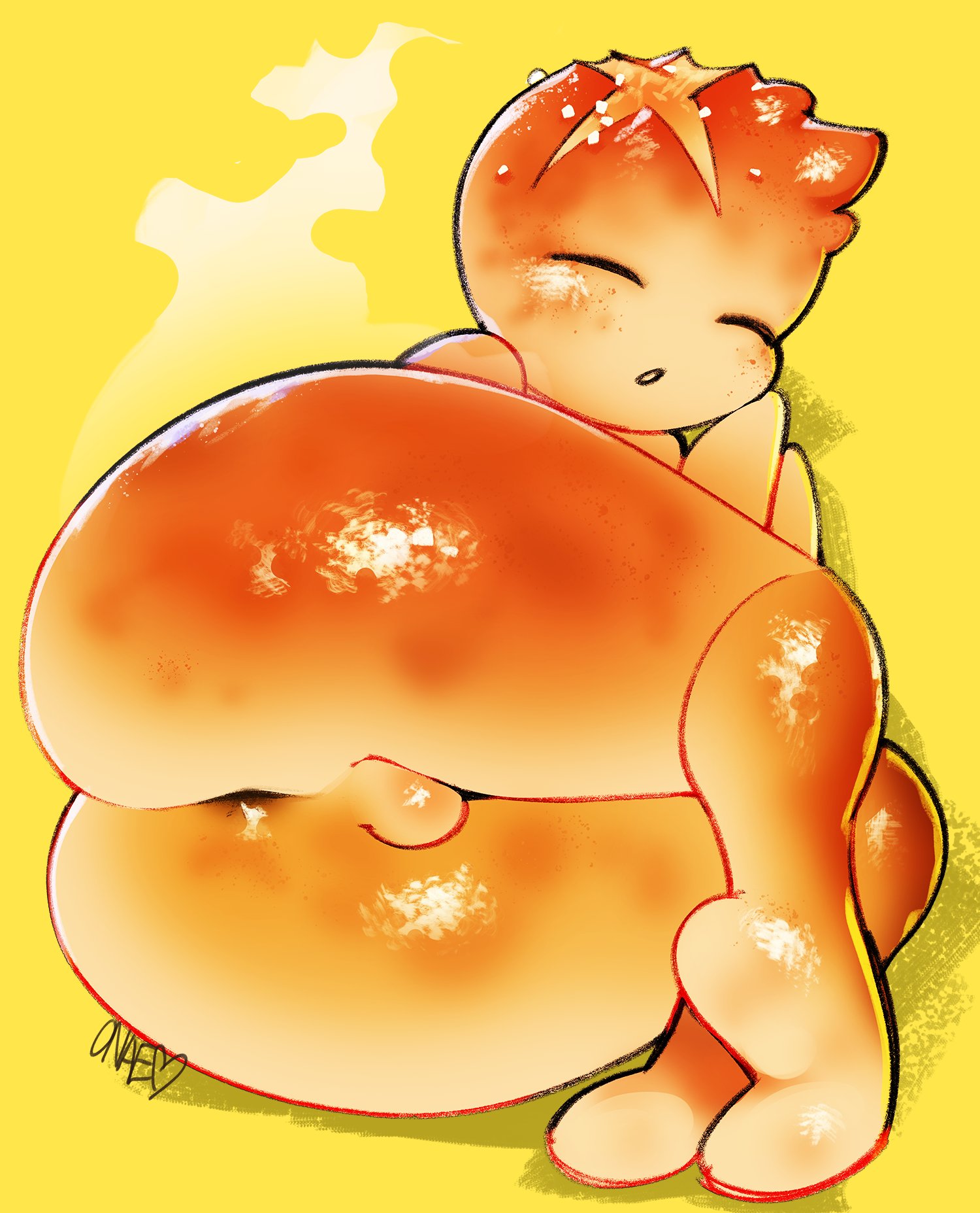 2022, anus, ass, balls, bread, character request, feet, food, food creature, from behind, humanized, male, male focus, male only, nude, on side, onae, original, original character, rear view, sleeping, thick thighs, thighs, yellow background