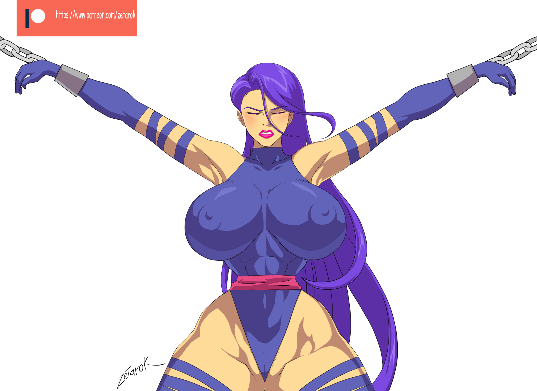 1girls, armpits, arms up, athletic, athletic female, big breasts, bodysuit, bondage, bound, bound wrists, breasts, breasts bigger than head, busty, cameltoe, captive, captured, captured heroine, chained, chains, damsel in distress, defeated, defeated heroine, doomed superheroine, eyes closed, female, femsub, game over, helpless, heroine in trouble, highleg, huge breasts, kidnapped, kunoichi, marvel, marvel comics, mutant (marvel), ninja, nipple bulge, partially visible vulva, pokies, prisoner, psylocke (kwannon), purple hair, pussy, shackles, straight hair, submissive female, superheroine, thick, thick legs, thick thighs, thong, tied up, x-men, zetarok
