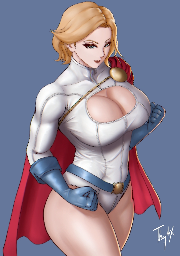 1girls, a.r. the 7th, big breasts, blonde female, blonde hair, blue eyes, breasts, cleavage, cleavage cutout, dc, dc comics, female, female only, karen starr, kryptonian, power girl, senpokage, superman (series), thick thighs, wide hips