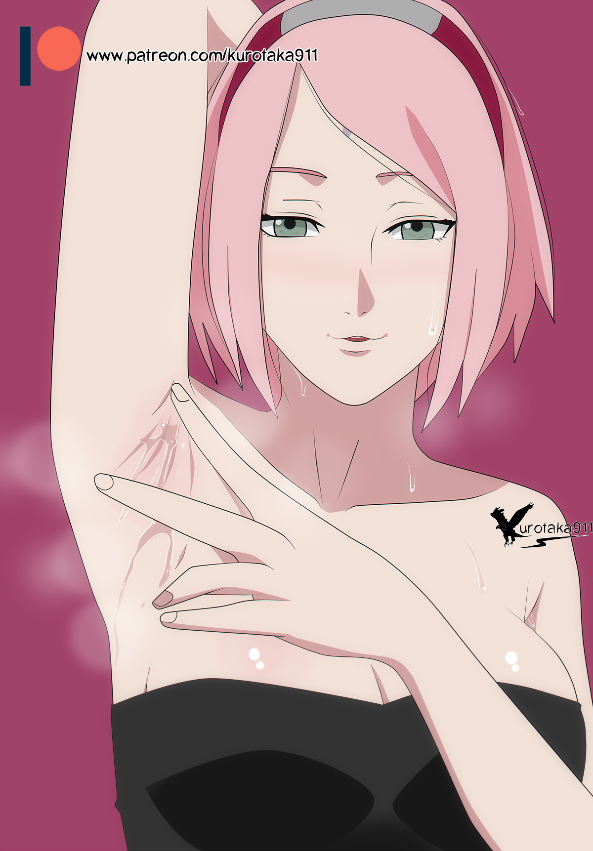 1girls, agung911, arm behind head, arm up, armpits, bangs, bare shoulders, breasts, cleavage, female, female only, fingernails, forehead jewel, forehead mark, forehead protector, fully clothed, green eyes, hairband, hand up, highres, konohagakure symbol, kunoichi, large breasts, looking at viewer, naruto, naruto (series), naruto shippuden, naruto: the last, ninja, parted bangs, parted lips, patreon username, pink background, pink hair, presenting, presenting armpit, sakura haruno, shiny, shiny skin, shounen jump, signature, simple background, sleeveless, solo, steam, steaming body, sweat, upper body