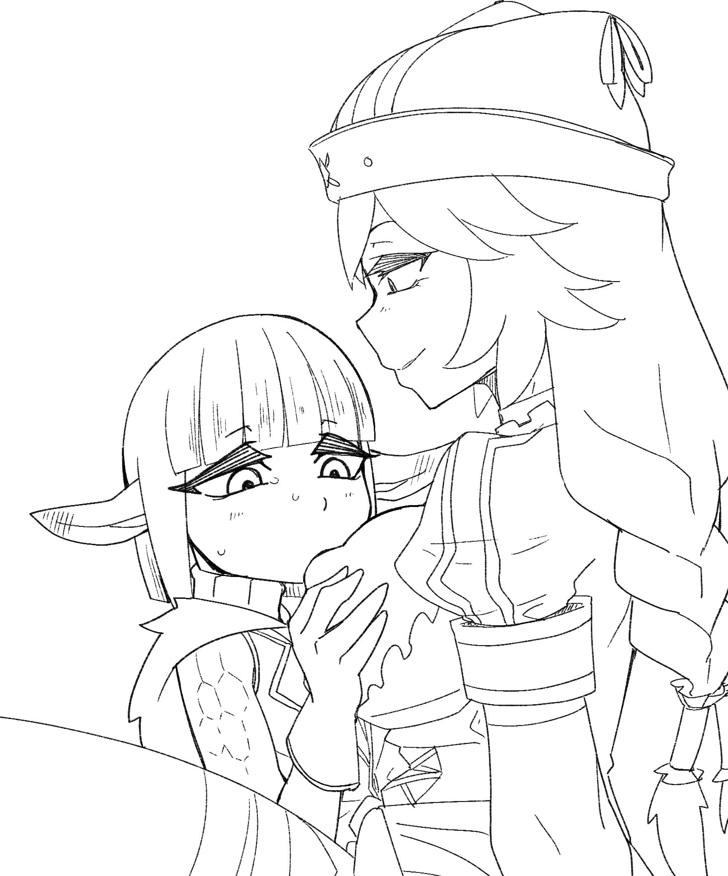 black and white, breast sucking, breasts, crossdresser, crossdressing, crossdressing male, dark elf, elf, elf ears, lupusregina beta, male, mare bello fiore, overlord (maruyama), pointy ears, smaller male, zeiminarai