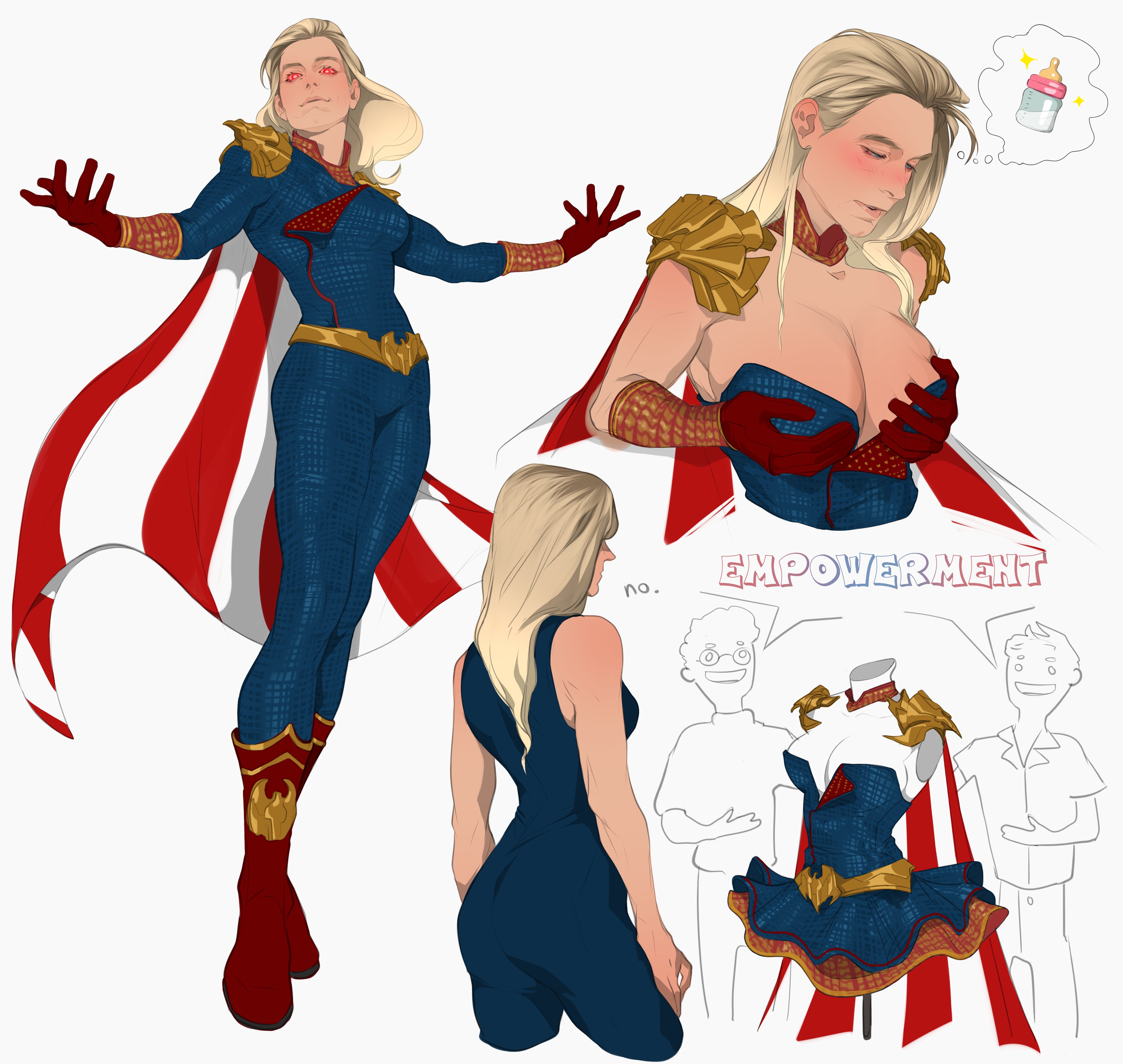 1girls, big breasts, blonde female, blonde hair, blue eyes, blush, breasts, cleavage, clothed, female, female homelander, femlander, glowing eyes, homelander, large breasts, milk, mommy homelander, nightmare waifu, rule 63, tagme (artist), the boys