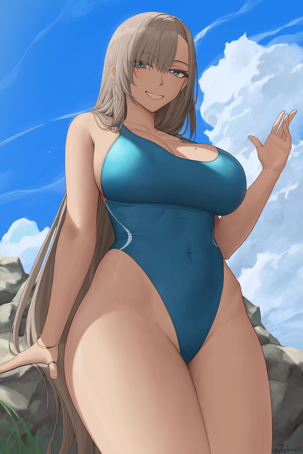 1girls, 2022, alternate version available, artist signature, asuna (blue archive), beach, blonde female, blonde hair, blue archive, blue eyes, breasts, cleaning & clearing (blue archive), competition swimsuit, female, female only, hair over one eye, hips, huge breasts, long hair, looking at viewer, millennium science school student, mole on breast, one-piece swimsuit, outdoors, slim waist, smile, solo, solo female, swimsuit, thick thighs, thighs, wide hips, zaphn