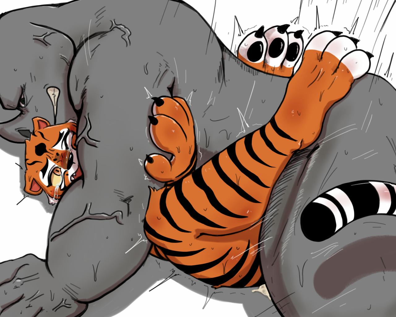 anthro, anthro on anthro, anthro penetrated, anthro penetrating, anthro penetrating anthro, black nose, blush, dreamworks, duo, felid, female, female penetrated, from front position, hakiahki, interspecies, kung fu panda, male, male penetrating, male penetrating female, male/female, mammal, markings, master tigress, mating press, muscular, muscular male, one eye closed, open mouth, orange eyes, pantherine, penetration, penile, penile penetration, penis, penis in pussy, pussy, rape, rhinoceros, rhinocerotoid, ring (marking), ringtail, sex, tail markings, tears, tiger, vaginal penetration