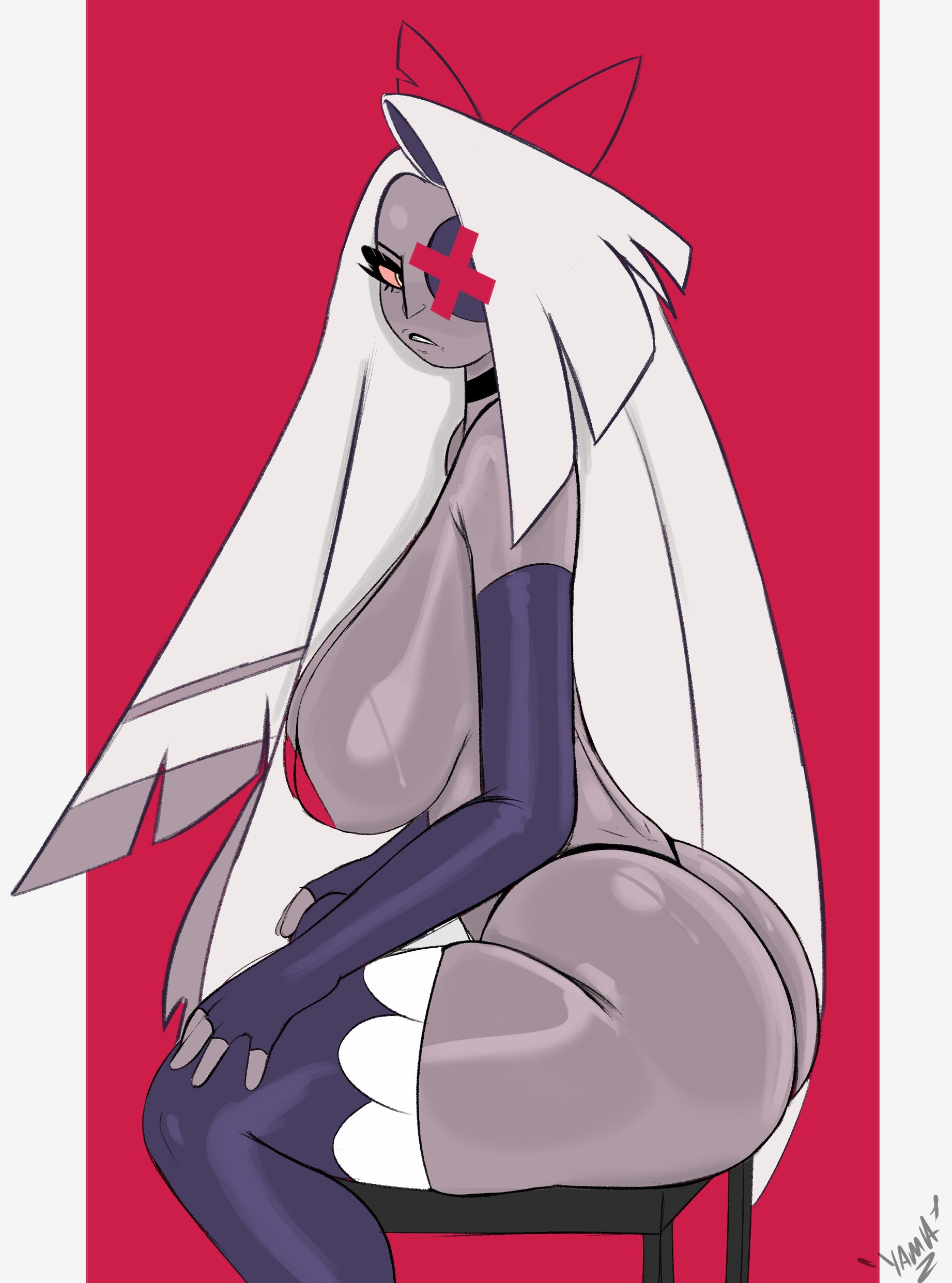 1girls, armwear, ass, big ass, big breasts, breasts, choker, color, demon, demon girl, eye patch, female, female only, grey skin, hair ribbon, hazbin hotel, huge ass, legwear, looking at viewer, panties, pasties, red eyes, sitting, solo, solo female, stool, straight hair, sweat, thick thighs, thong, vaggie (hazbin hotel), white hair, wide hips, yamathegod