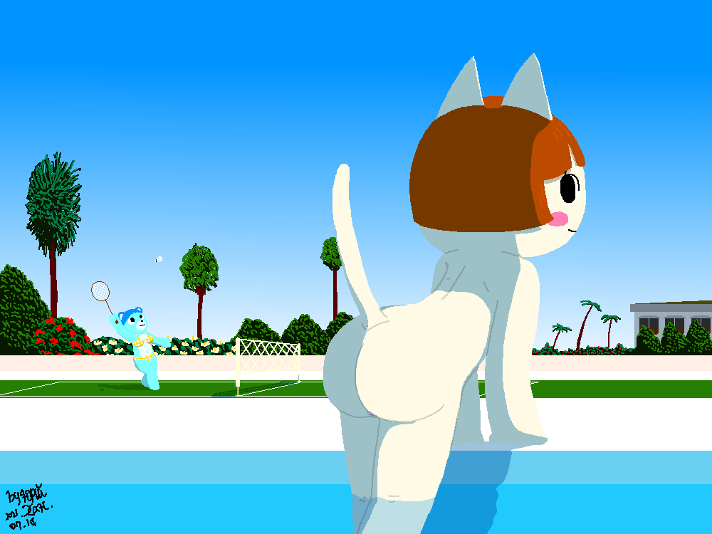 2021 animal_crossing anthro ass bent_over big_butt bikini bikini_bottom bikini_top blue_sky bluebear_(animal_crossing) blush brown_hair building clothed clothing domestic_cat felicity_(animal_crossing) felid feline felis female fur genitals grass hair looking_at_viewer mammal nintendo nonyammychoko nude outside palm_tree partially_clothed plant poolside presenting presenting_hindquarters pussy rear_view shaded shadow signature sky smile solo standing swimming_pool swimwear tree ursid video_games water white_body white_fur wide_hips