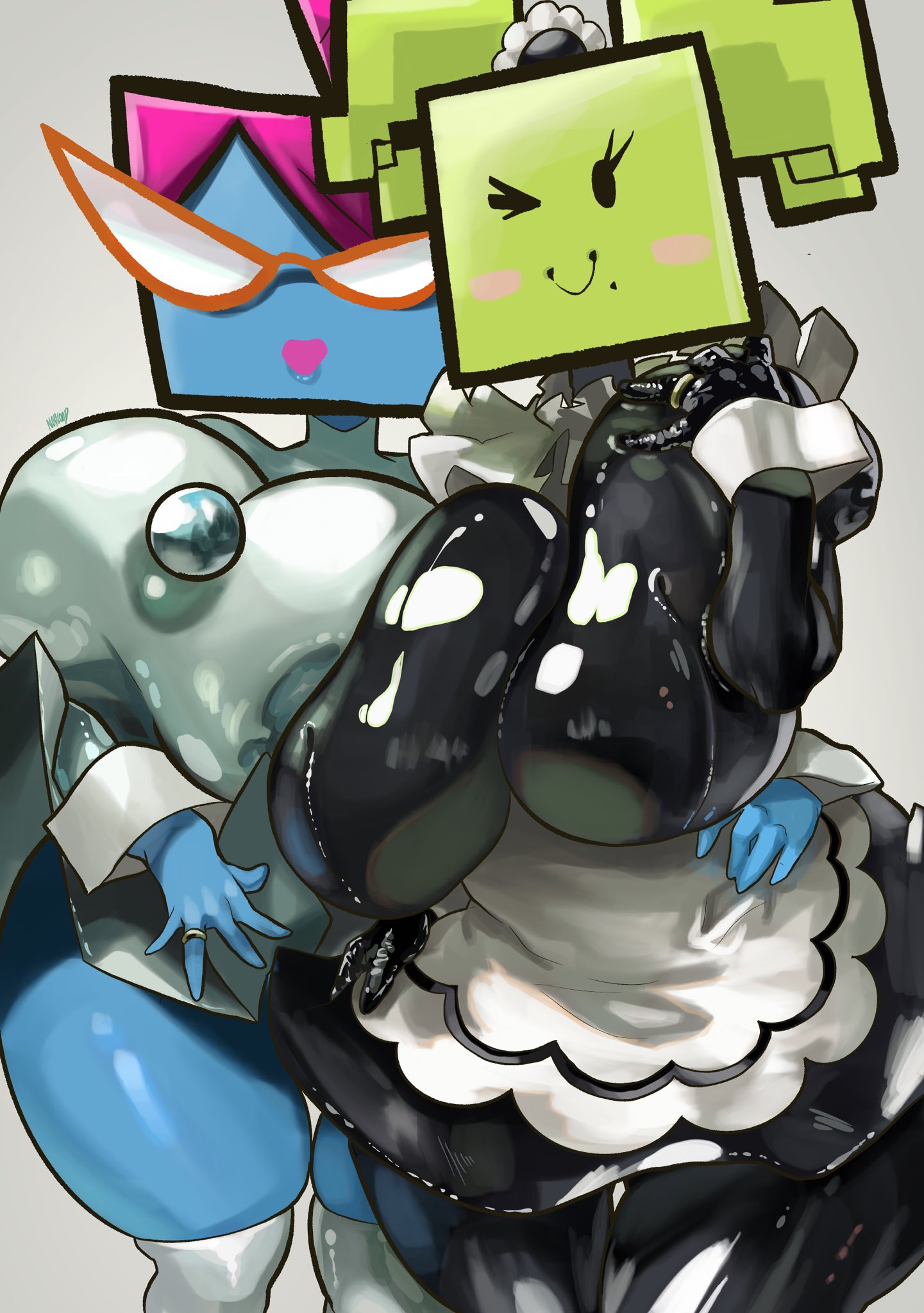 2022, 2d, 2girls, big breasts, blue skin, blue-skinned female, breasts, breasts focus, clothed, female, female focus, female only, glasses, green skin, green-skinned female, maid uniform, mario (series), mimi (super paper mario), mob face, nastasia, nintendo, noblood, paper mario, pink hair, ryandomonica, secretary, super paper mario, thick thighs, thighs