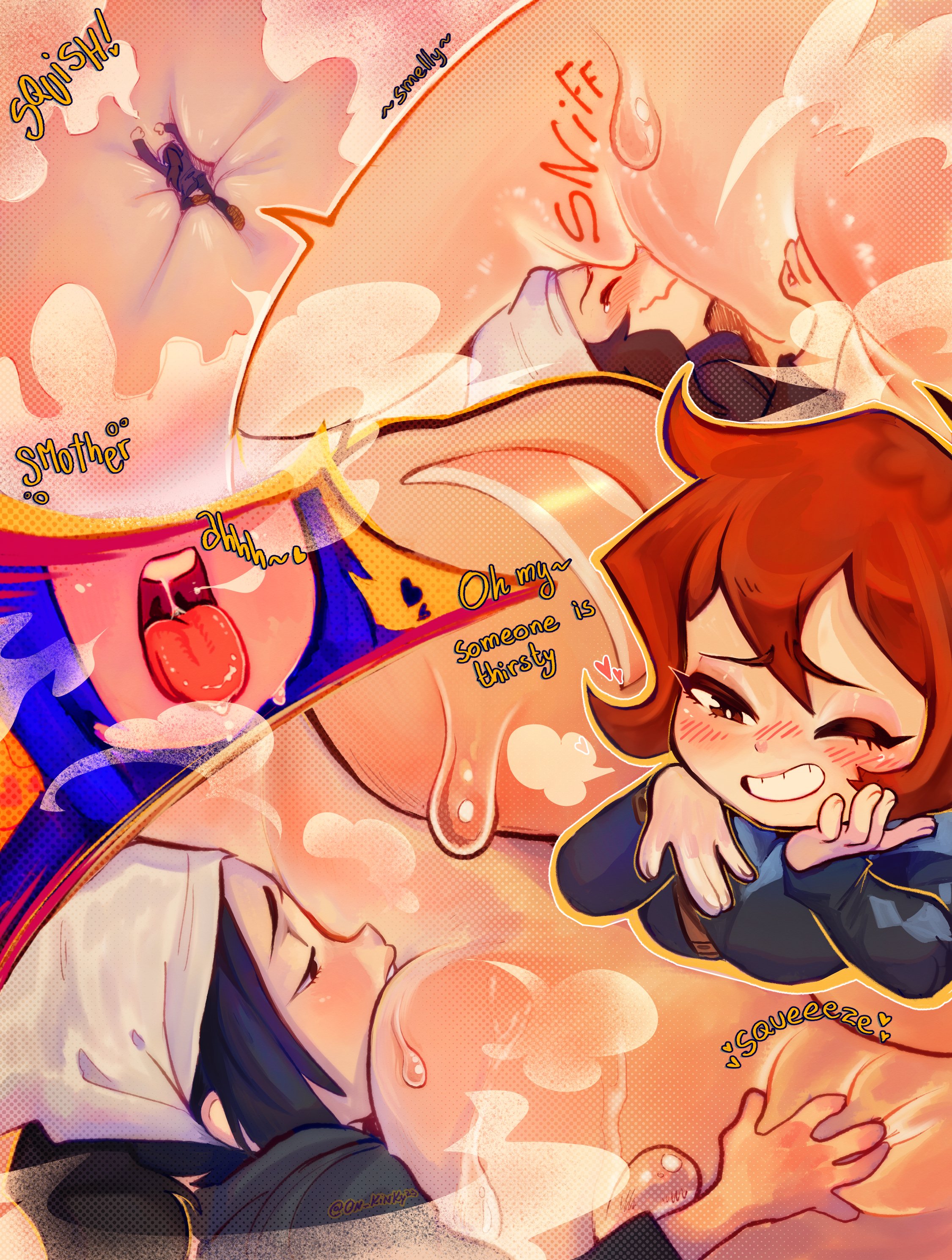 2girls, akari (pokemon), arezu (pokemon), clothed female, color, face, female, female only, foot fetish, giantess, headband, larger female, licking foot, micro, multiple females, multiple girls, onkinky, onomatopoeia, pleasured, pokemon, pokemon legends: arceus, red hair, size difference, smaller female, smothering, steamy feet, sweat, sweatdrop, tiny girl