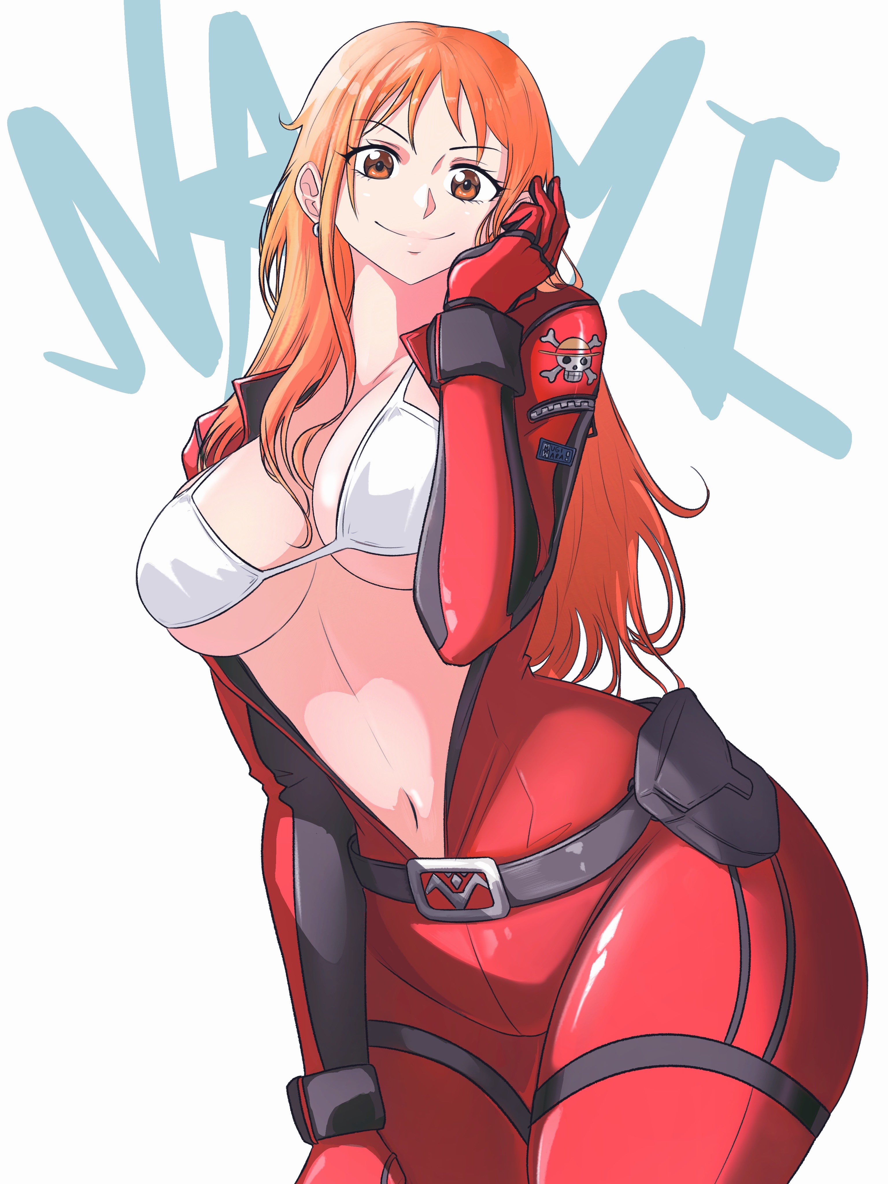 1girls, belly, belly button, big breasts, bodysuit, breasts, child bearing hips, clothing, female, female only, ginger, ginger hair, hips, huge breasts, large breasts, nami (one piece), one piece, opalisart, orange eyes, orange hair, orange-haired female, pirate, post-timeskip, solo, swimsuit top, thick, thick thighs, thighs, tight clothes, tight clothing, tummy, unzipped, unzipped bodysuit