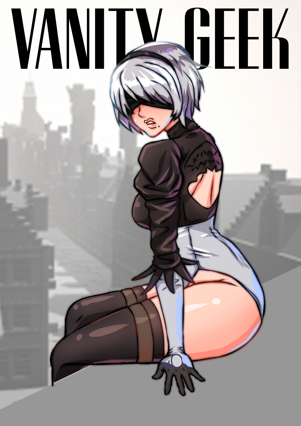 1girls big_ass big_butt black_clothing black_legwear blindfold feathers female female_focus female_only gloves grey_hair hairband high_heel_boots legwear light-skinned_female light_skin looking_at_viewer looking_to_the_side nier nier:_automata nier_(series) outdoors panties qthead short_hair sitting white_hair yorha_2b