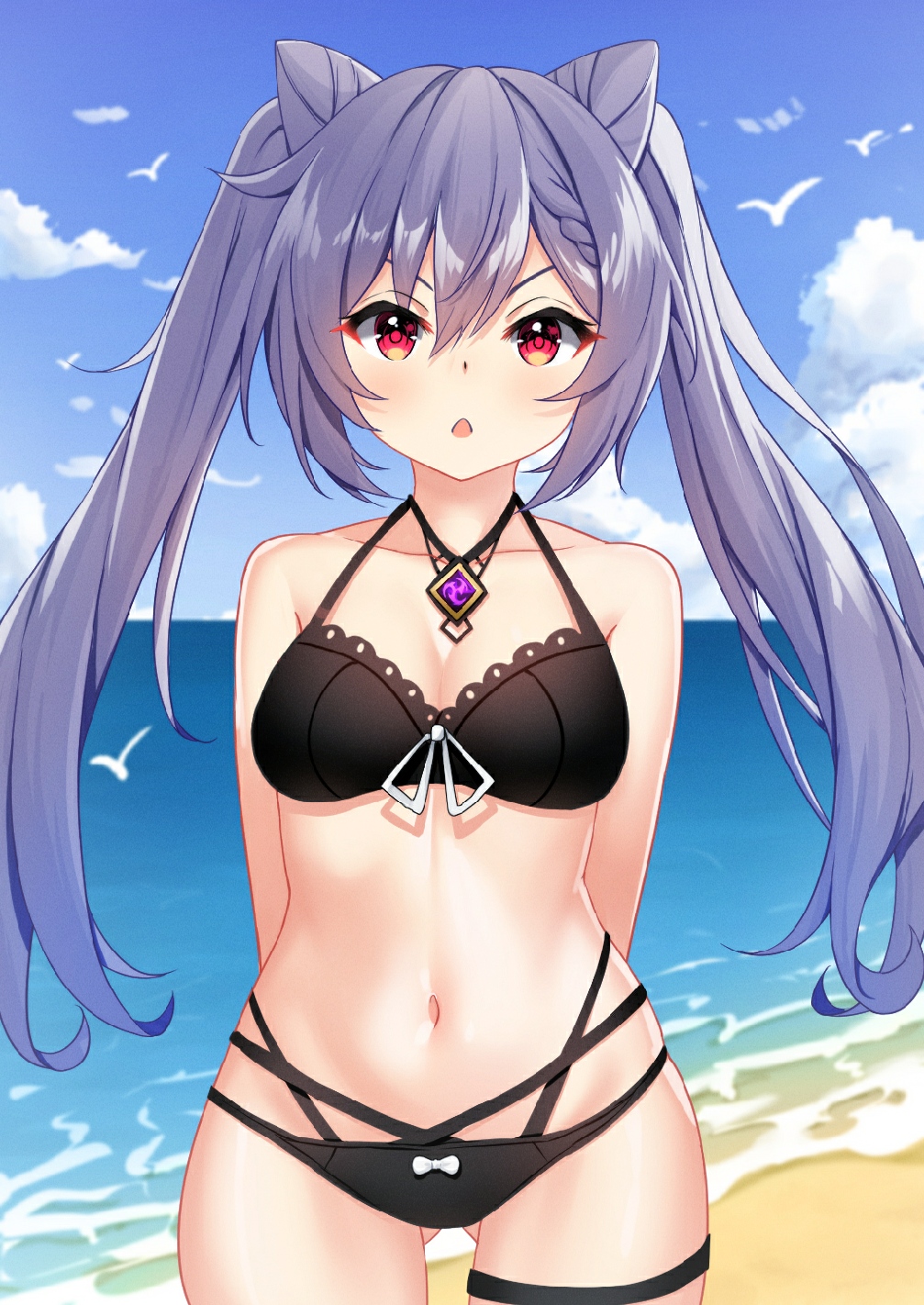 arms behind back, bangs, bare shoulders, beach, bikini, black bikini, blue sky, breasts, cleavage, cloud, collarbone, commentary request, cone hair bun, day, eyebrows hidden by hair, female, genshin impact, hair between eyes, hair bun, highres, horizon, keqing (genshin impact), long hair, looking at viewer, medium breasts, navel, ocean, outdoors, parted lips, purple hair, red eyes, sand, sky, solo, swimsuit, twintails, v-shaped eyebrows, very long hair, water, zhai mu q