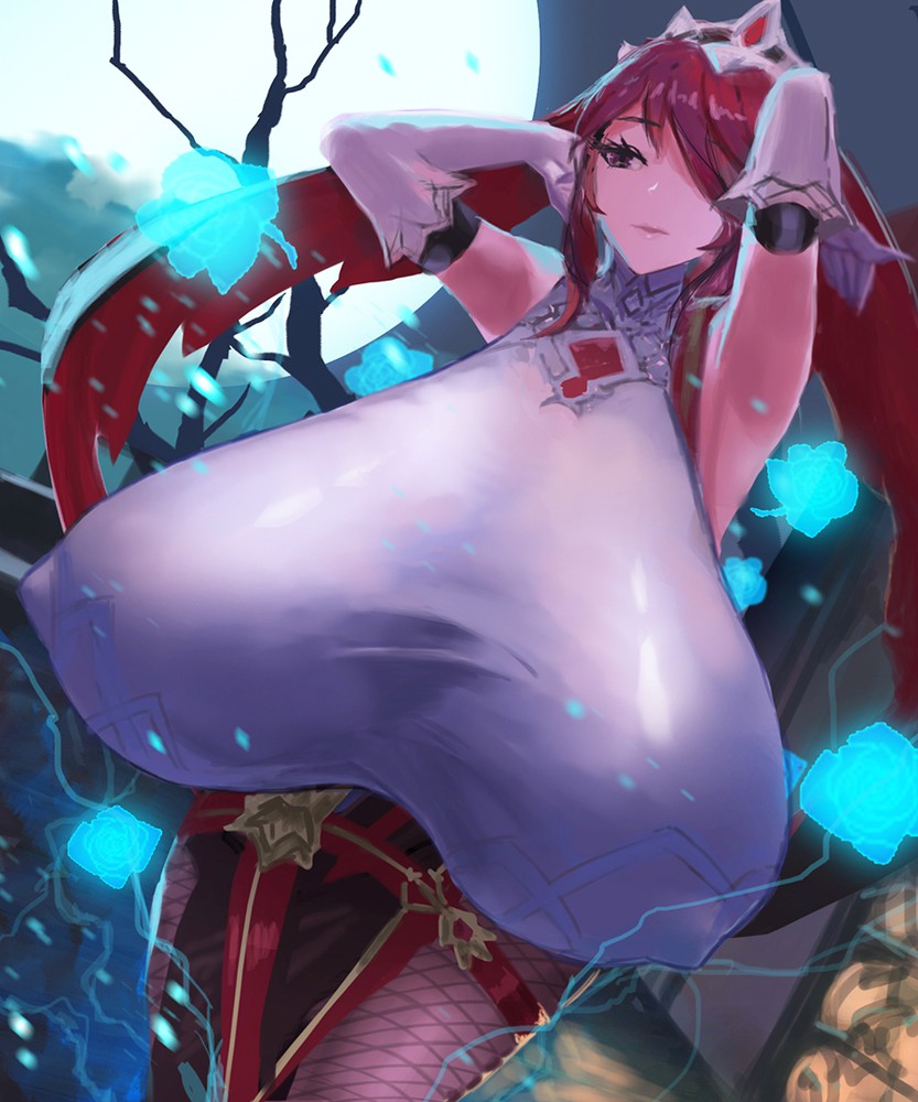 1girls, big breasts, breasts, breasts bigger than head, breasts bigger than torso, erect nipples under clothes, female, female only, fully clothed, fully clothed female, genshin impact, gigantic breasts, gloves, huge breasts, hyper breasts, long hair, masamasa, red hair, rosaria (genshin impact), sagging breasts, solo, solo female, twintails, twintails (hairstyle)