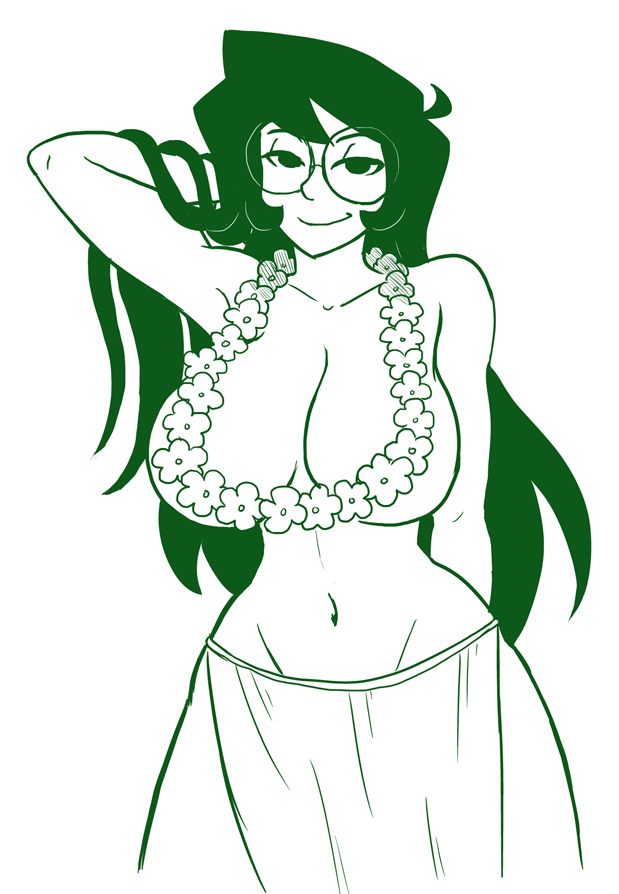 1girls breasts convenient_censoring glasses grass_skirt green_eyes green_hair homestuck hula hula_skirt jade_harley large_breasts lei long_hair looking_at_viewer mindwipe ms_paint_adventures outline skirt smile solo white_background white_skin