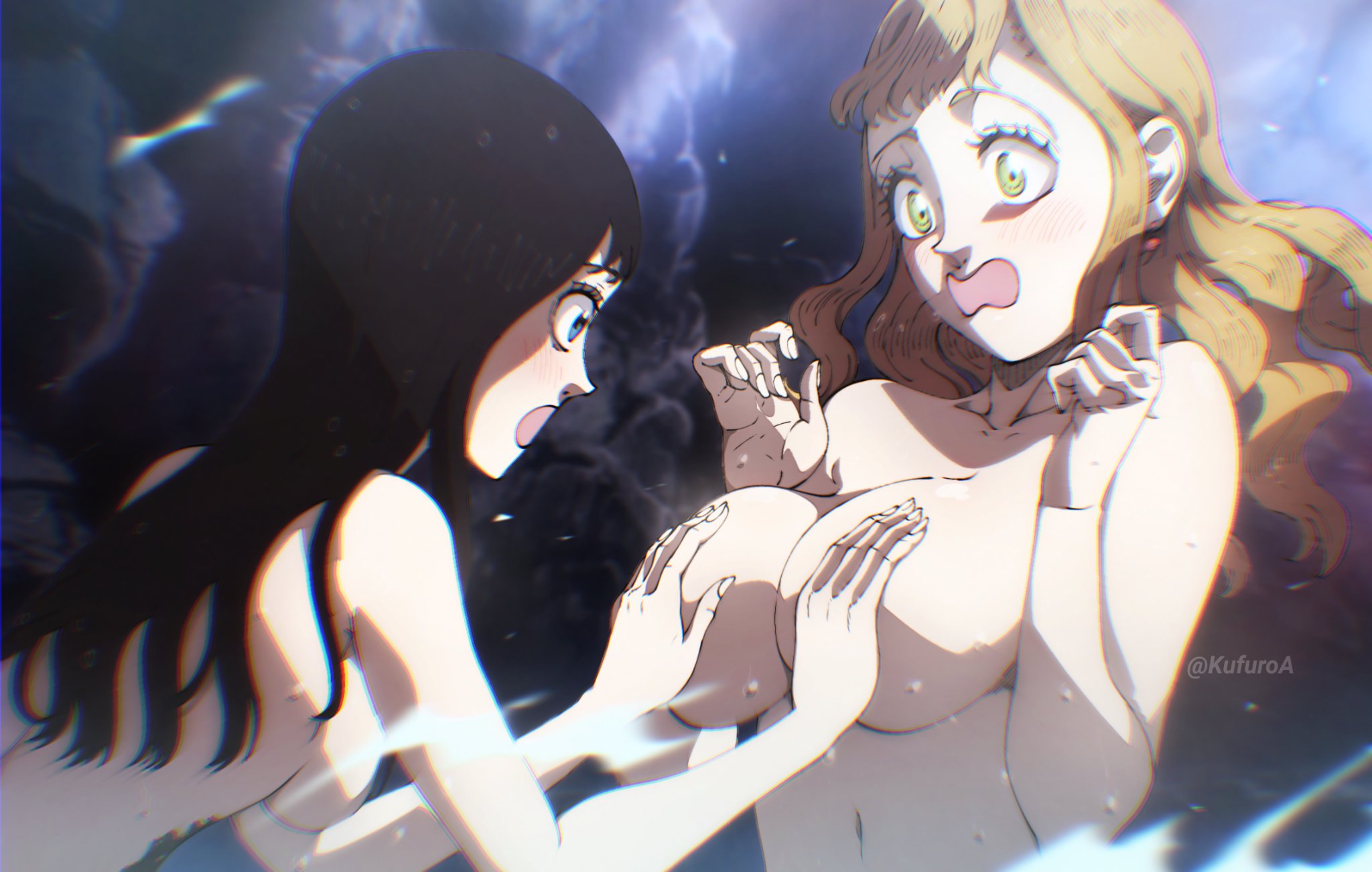 2girls, big breasts, black clover, black hair, blush, breast grab, breast squeeze, breasts, embarrassed, female, female only, grope, groping, huge breasts, human, kufuro art, lolopechka, midriff, mimosa vermillion, multiple females, multiple girls, naked, navel, nude, orange hair, redraw, shounen jump, stomach, yuri