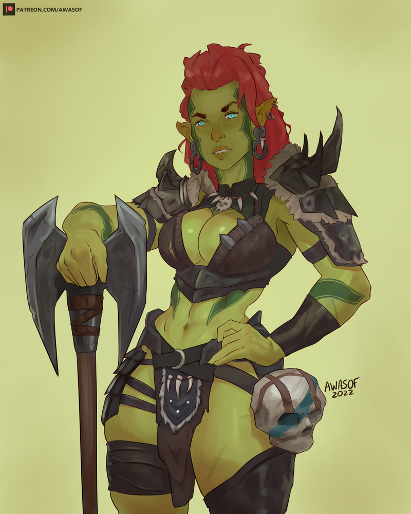 abs armor armour art_with_a_side_of_fries awasof axe biceps big_breasts blue_eyes ear_piercing earrings fangs fantasy female green_body green_skin large_breasts muscle muscles muscular muscular_female orc orc_female pose raid_shadow_legends red_hair scar scars solo solo_female standing tattoo tattooed_arm tattoos thick_thighs warrior weapon wide_hips zargala