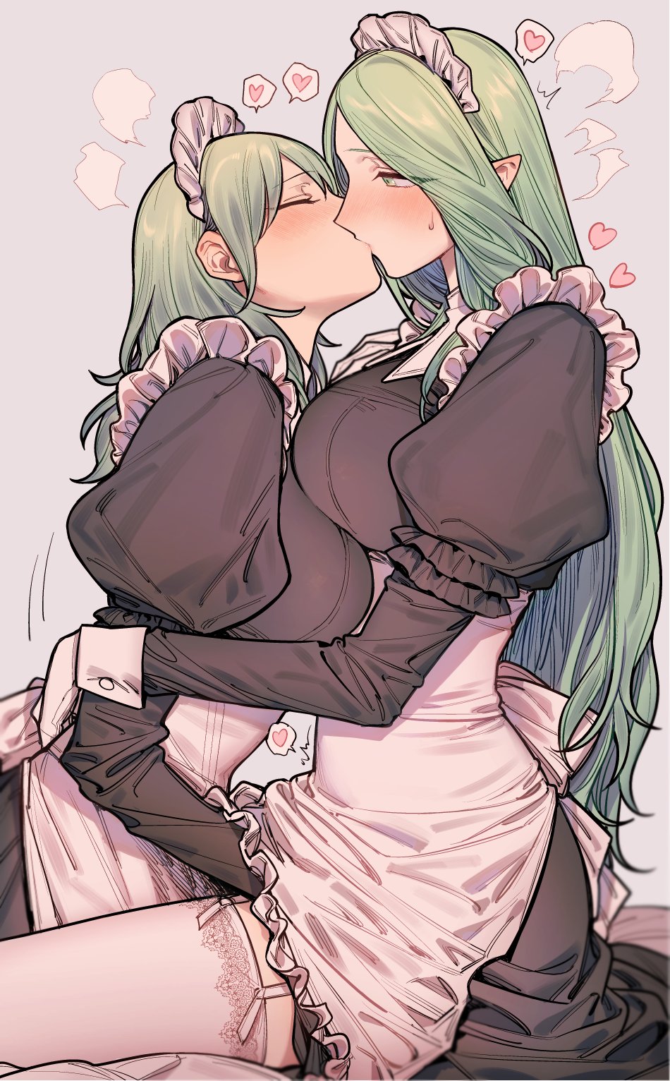 2girls alternate_costume apron black_dress blush breasts byleth_(fire_emblem) byleth_(fire_emblem)_(female) closed_eyes commentary_request dress enlightened_byleth_(female) enmaided female female_only fingering fingering_partner fire_emblem fire_emblem:_three_houses frilled_apron frills from_side garter_straps gloves green_hair grey_background hand_under_clothes heart highres ikarin implied_fingering kissing large_breasts long_hair long_sleeves maid maid_headdress milf multiple_girls nintendo older_female pointy_ears profile rhea_(fire_emblem) simple_background sitting spoken_heart sweat thighhighs very_long_hair white_apron white_gloves white_thighhighs wrist_cuffs yuri